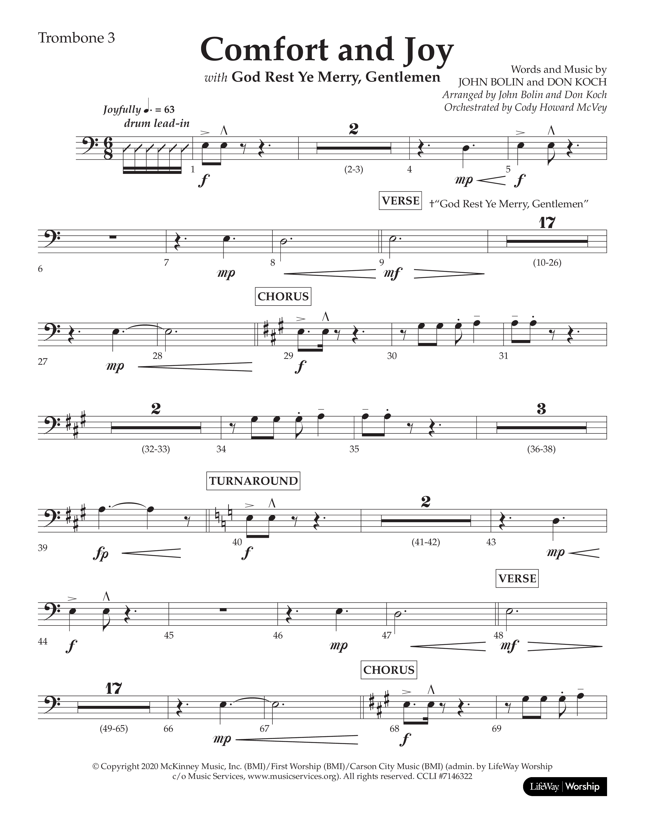 Comfort And Joy (with God Rest Ye Merry Gentlemen) (Choral Anthem SATB) Trombone 3 (Lifeway Choral / Arr. John Bolin / Arr. Don Koch)