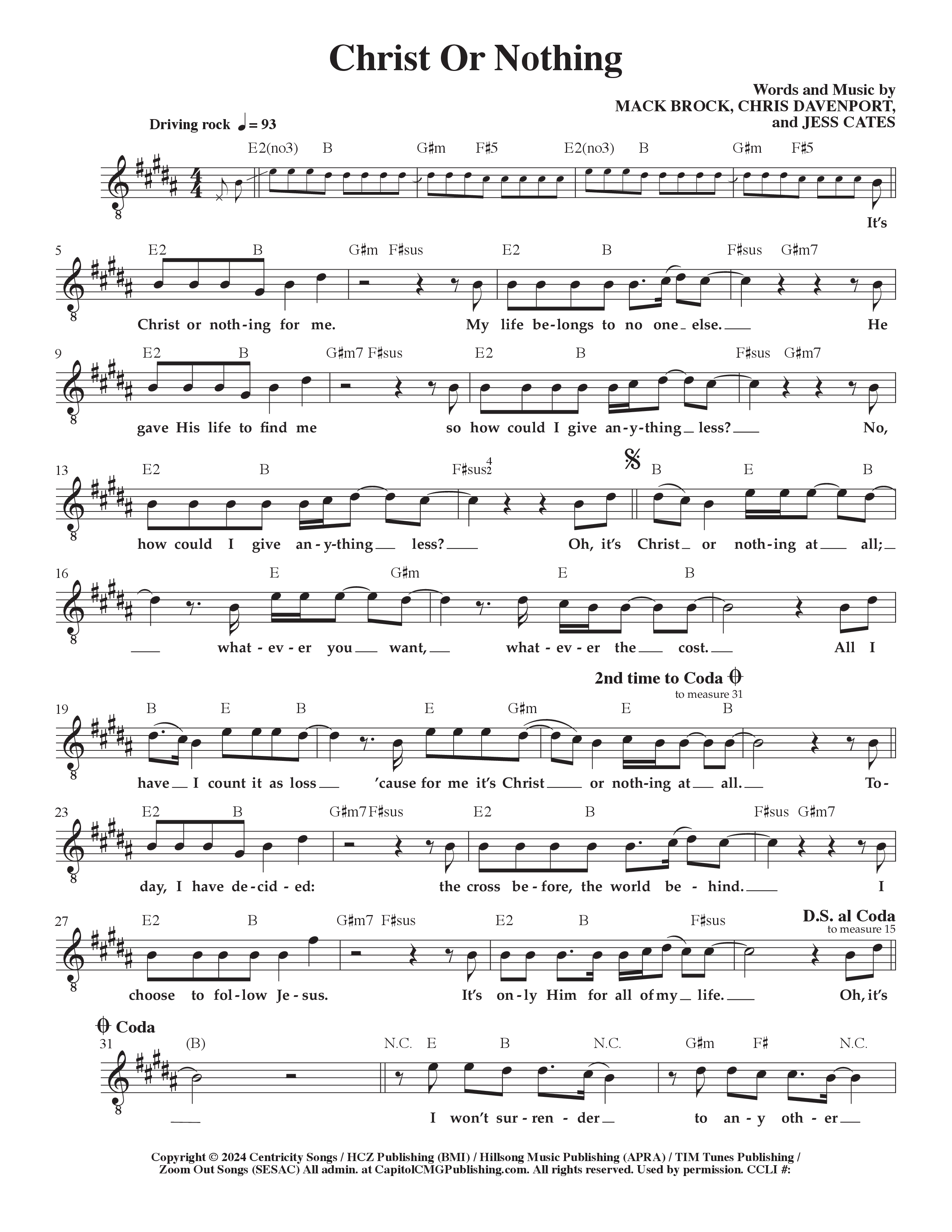 Christ Or Nothing Lead Sheet Melody (Mack Brock)