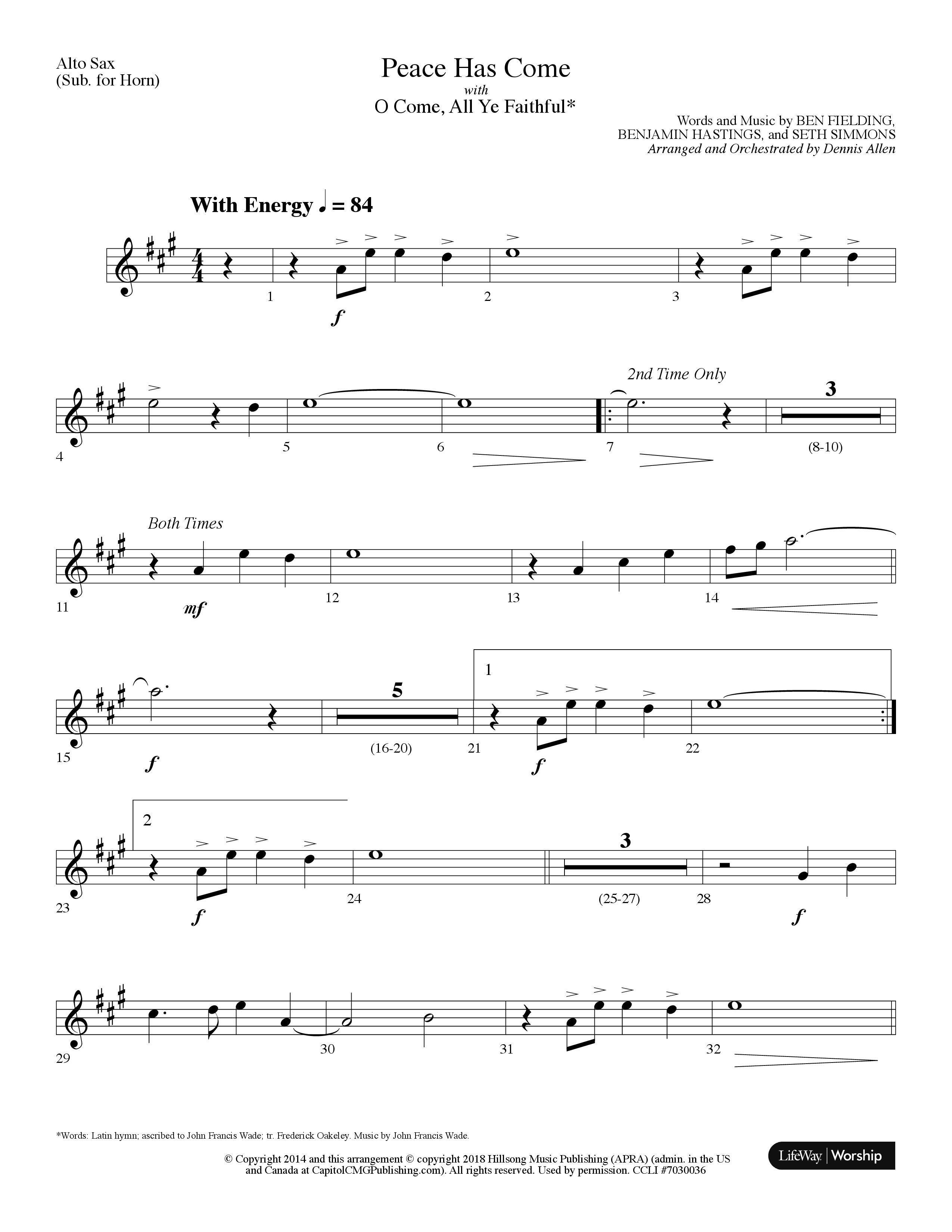Peace Has Come (with O Come All Ye Faithful) (Choral Anthem SATB) Alto Sax (Lifeway Choral / Arr. Dennis Allen)