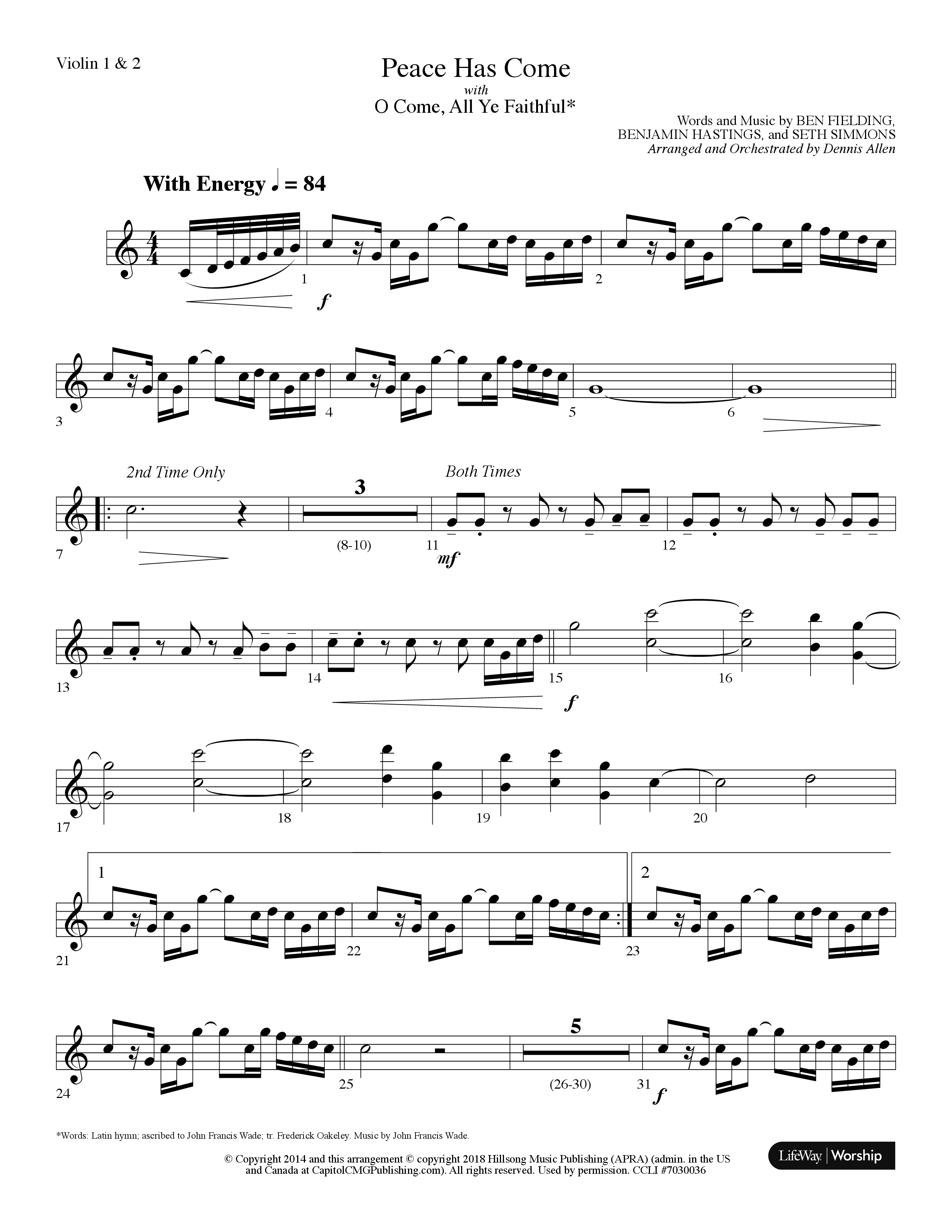 Peace Has Come (with O Come All Ye Faithful) (Choral Anthem SATB) Violin 1/2 (Lifeway Choral / Arr. Dennis Allen)