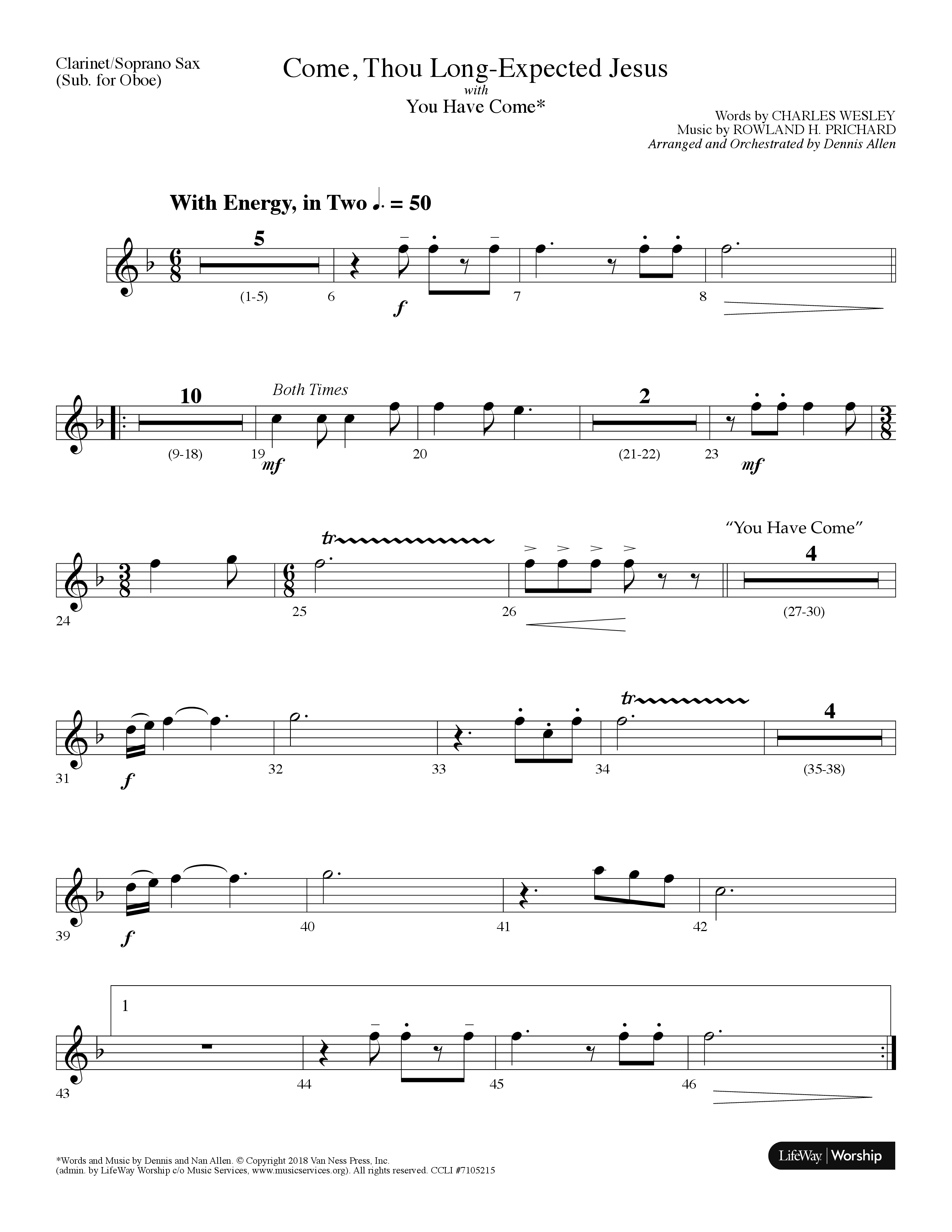 Come Thou Long-Expected Jesus (with You Have Come) (Choral Anthem SATB) Clarinet/Soprano Sax (Lifeway Choral / Arr. Dennis Allen)