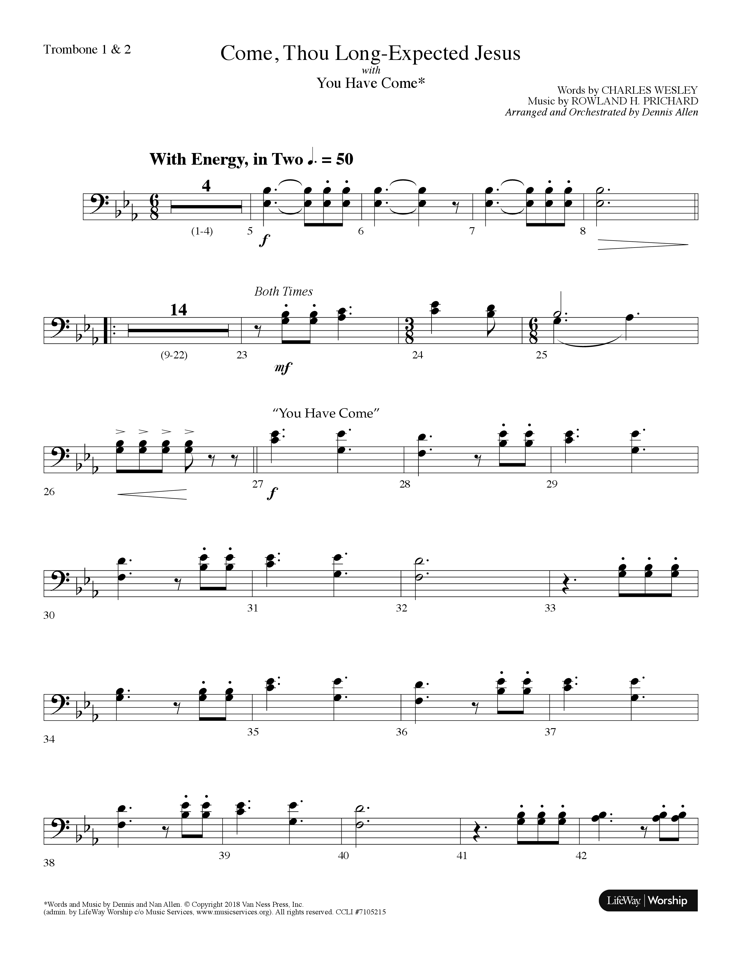 Come Thou Long-Expected Jesus (with You Have Come) (Choral Anthem SATB) Trombone 1/2 (Lifeway Choral / Arr. Dennis Allen)