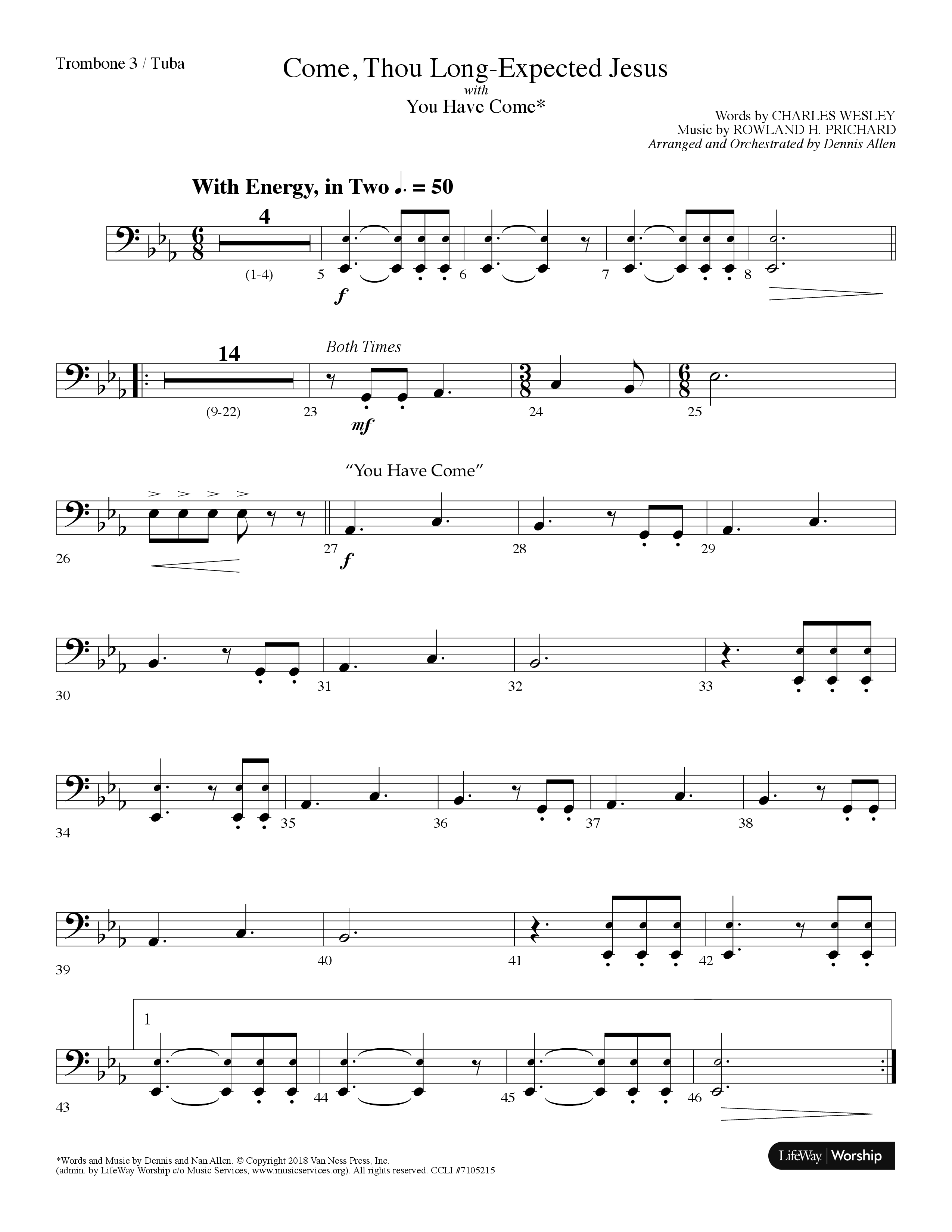 Come Thou Long-Expected Jesus (with You Have Come) (Choral Anthem SATB) Trombone 3/Tuba (Lifeway Choral / Arr. Dennis Allen)