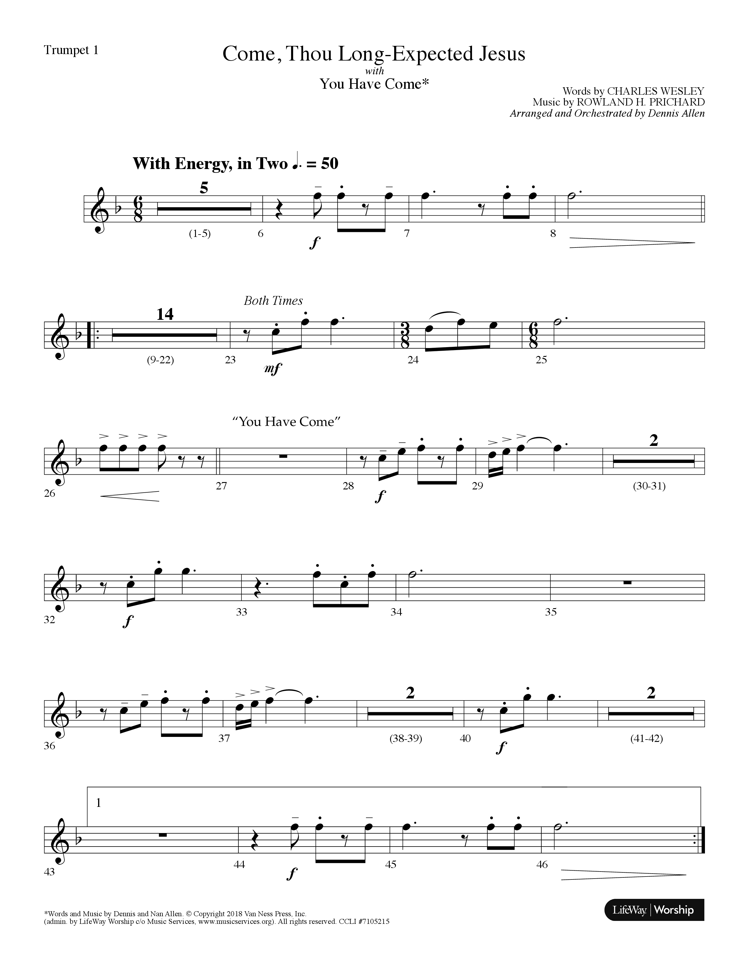 Come Thou Long-Expected Jesus (with You Have Come) (Choral Anthem SATB) Trumpet 1 (Lifeway Choral / Arr. Dennis Allen)