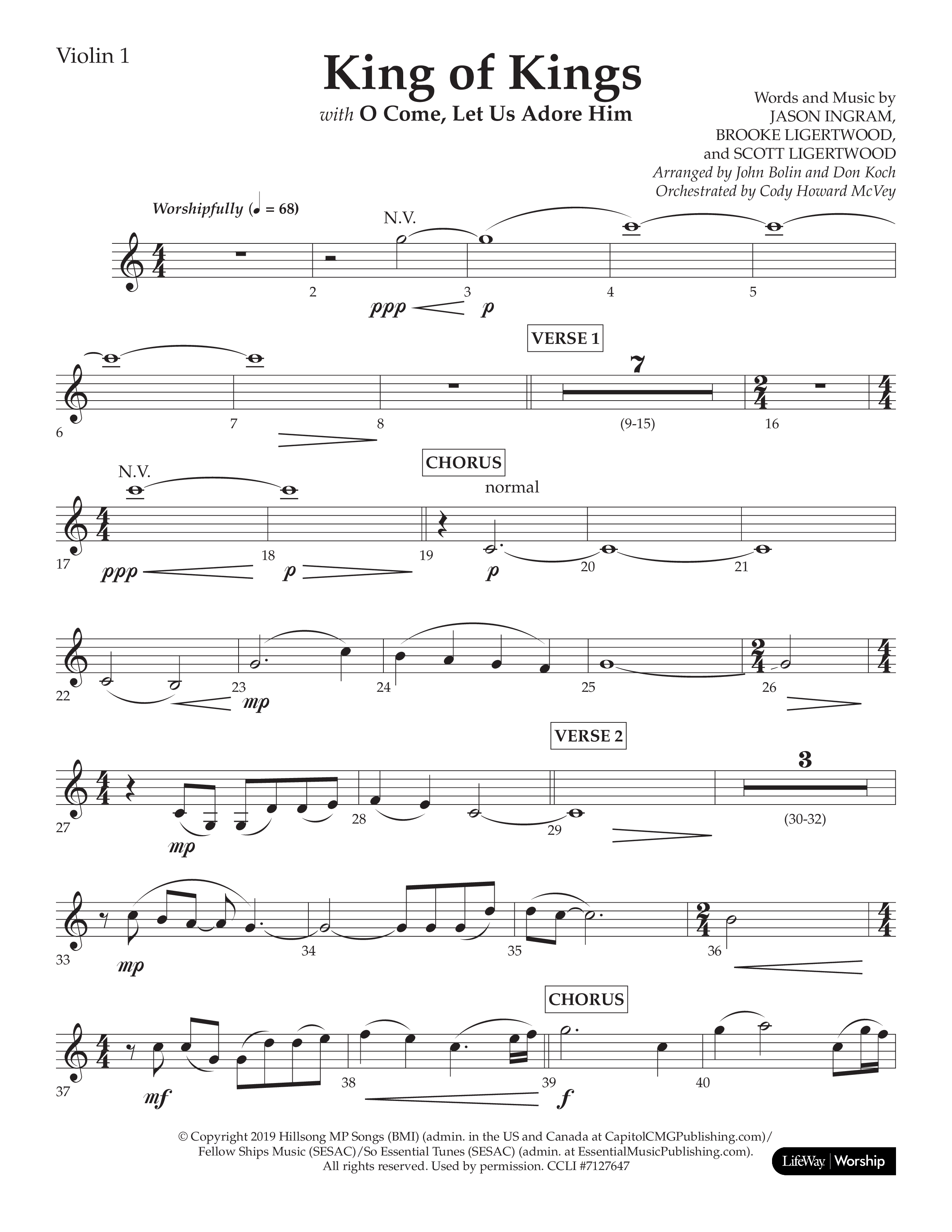 King Of Kings (with O Come Let Us Adore Him) (Choral Anthem SATB) Violin 1 (Arr. John Bolin / Arr. Don Koch)