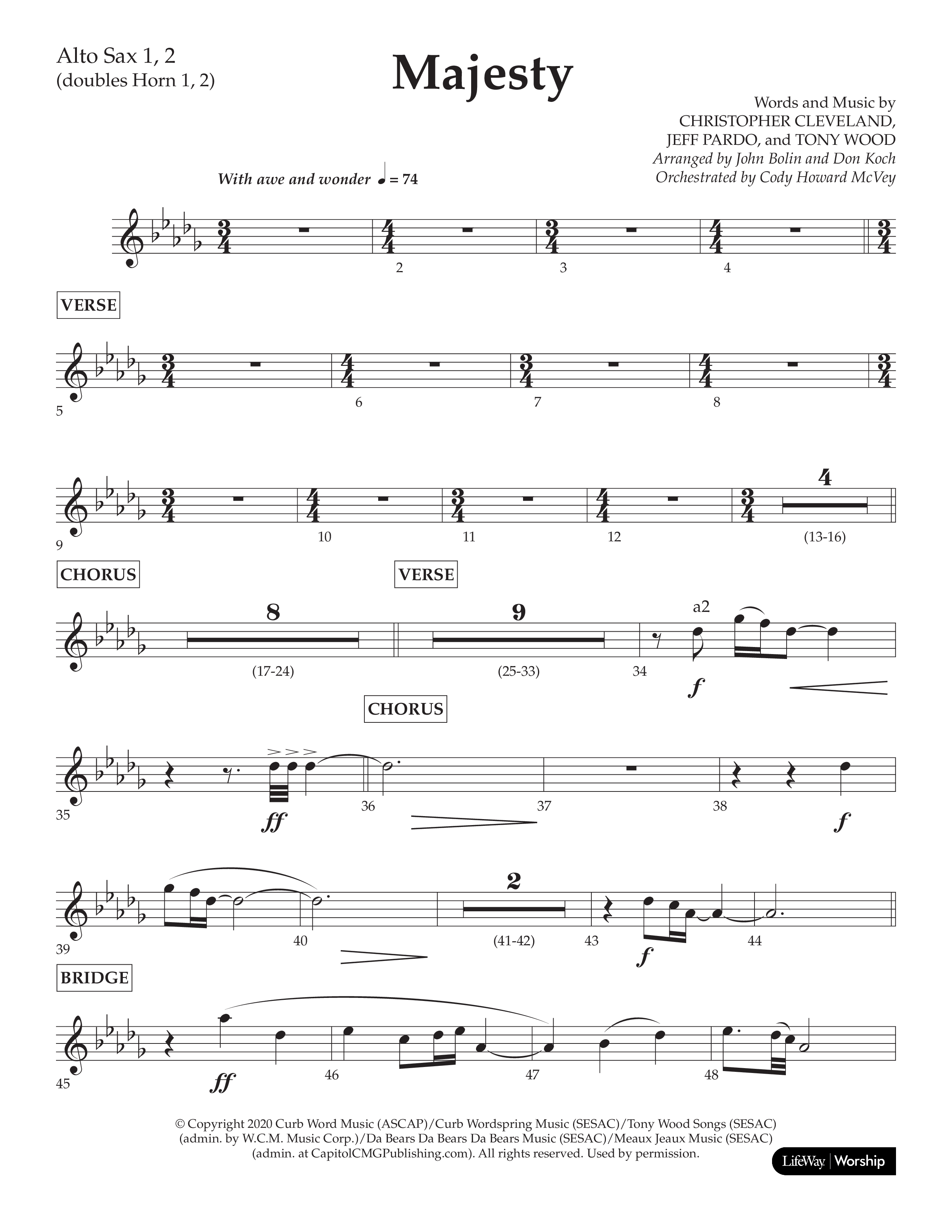 Majesty (Choral Anthem SATB) Alto Sax 1/2 (Lifeway Choral / Arr. John Bolin / Arr. Don Koch)