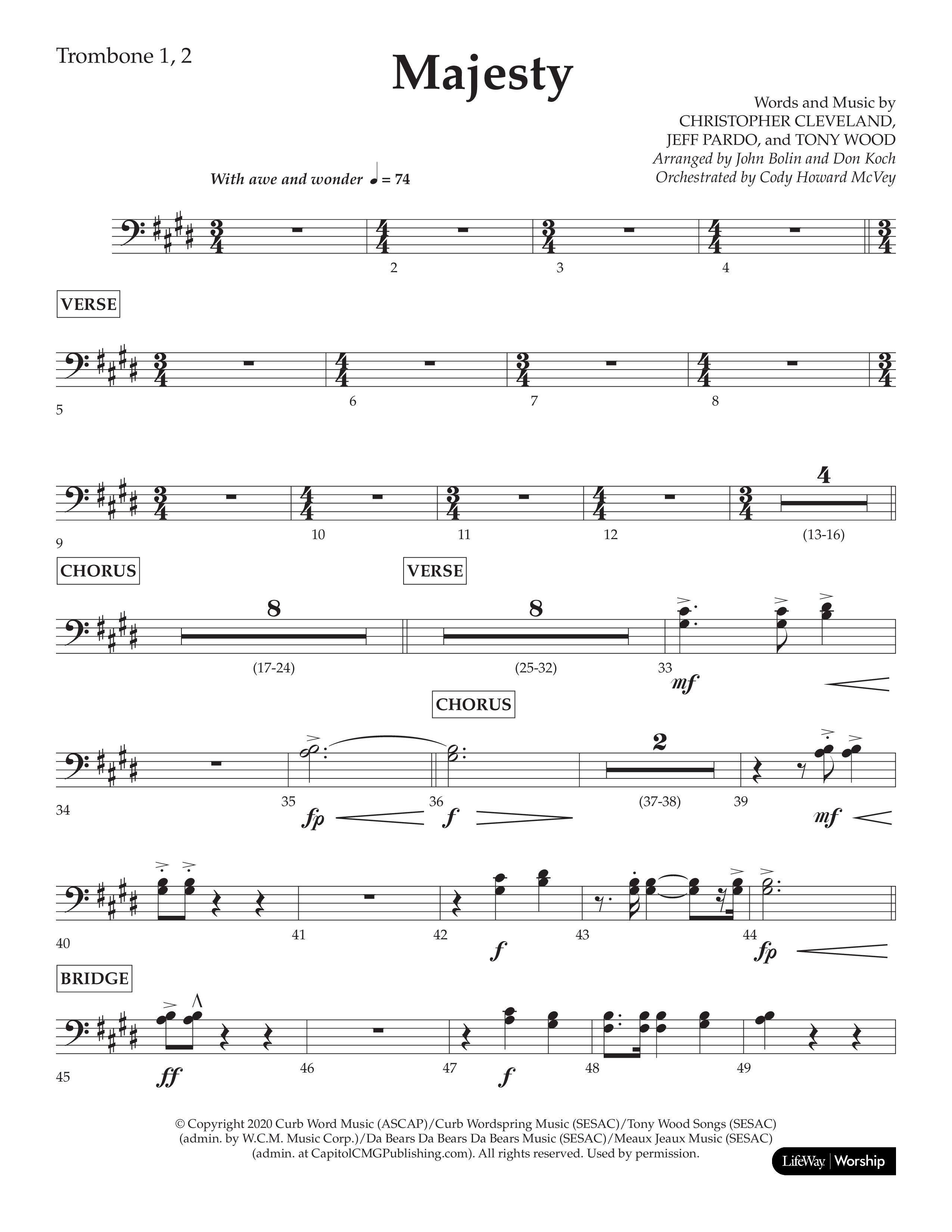 Majesty (Choral Anthem SATB) Trombone 1/2 (Lifeway Choral / Arr. John Bolin / Arr. Don Koch)
