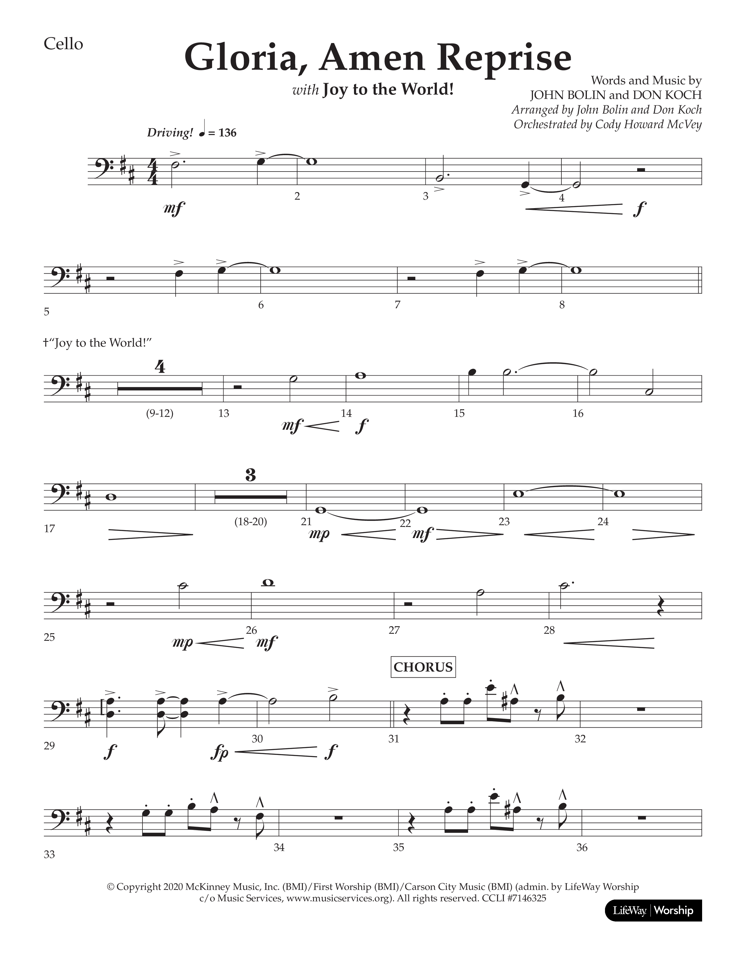Gloria Amen Reprise (Choral Anthem SATB) Cello (Lifeway Choral / Arr. John Bolin / Arr. Don Koch)
