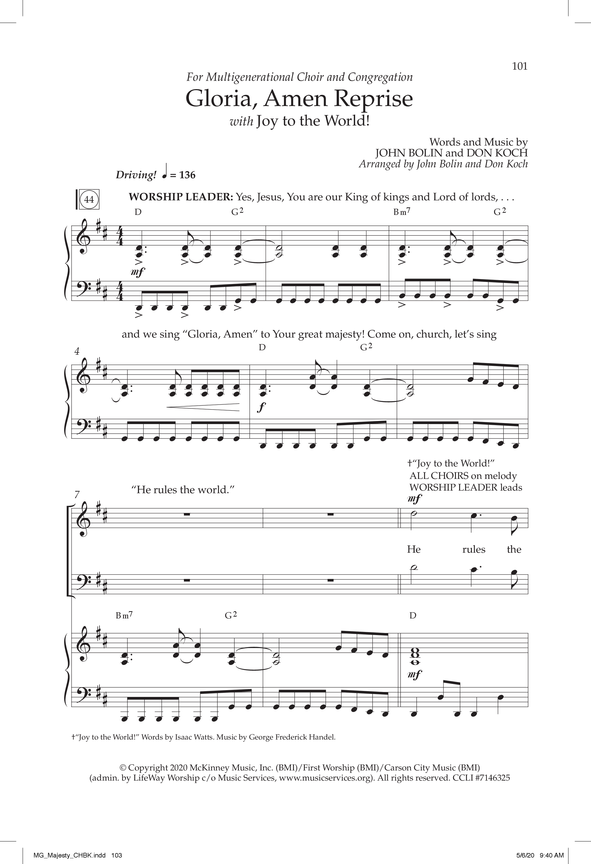 Gloria Amen Reprise (Choral Anthem SATB) Anthem (SATB/Piano) (Lifeway Choral / Arr. John Bolin / Arr. Don Koch)