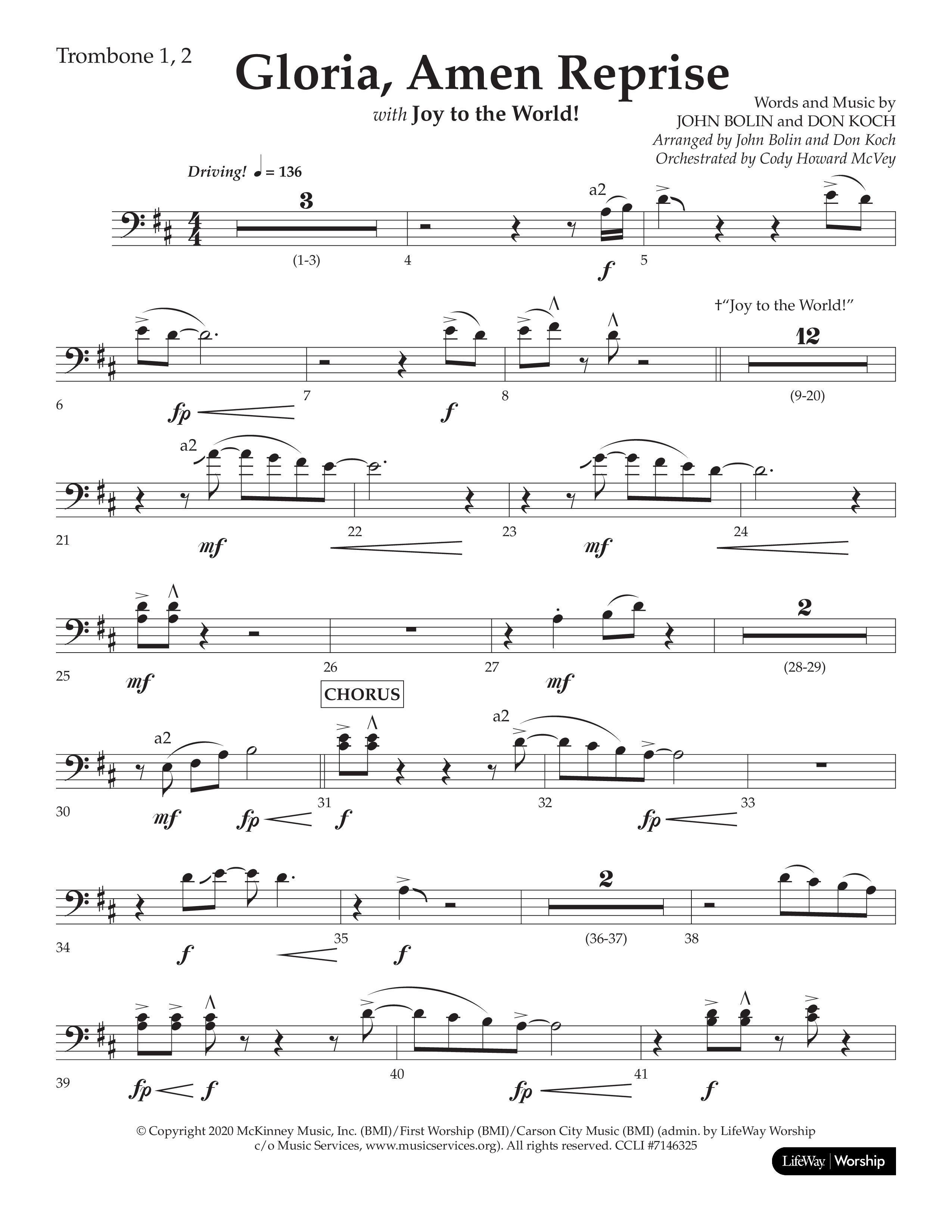 Gloria Amen Reprise (Choral Anthem SATB) Trombone 1/2 (Lifeway Choral / Arr. John Bolin / Arr. Don Koch)