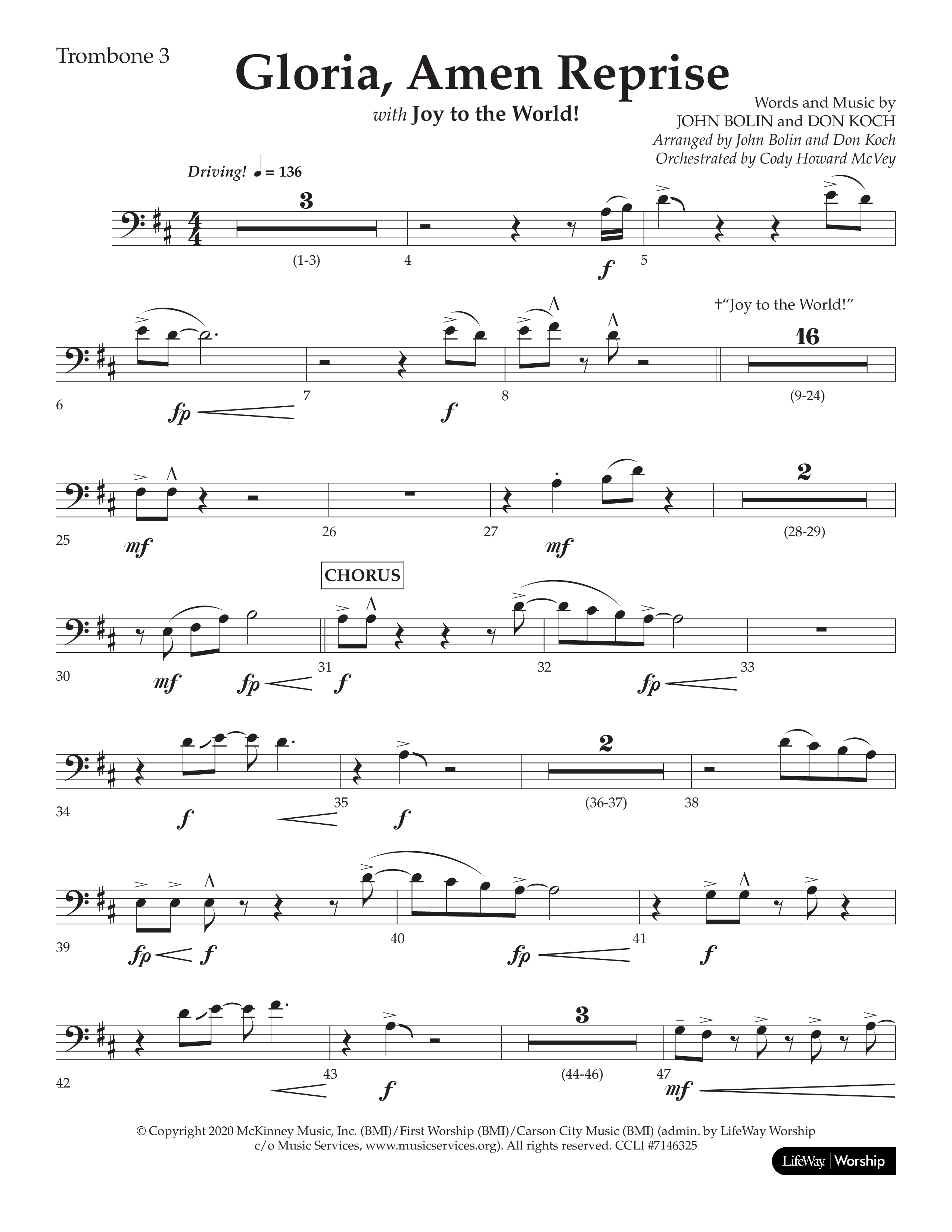 Gloria Amen Reprise (Choral Anthem SATB) Trombone 3 (Lifeway Choral / Arr. John Bolin / Arr. Don Koch)
