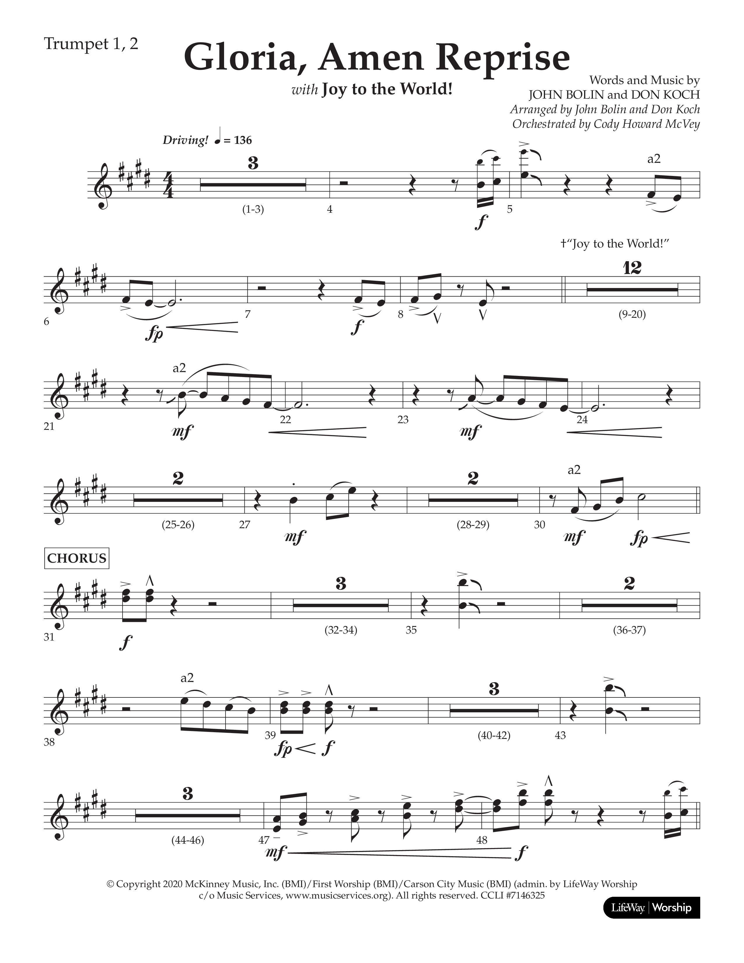 Gloria Amen Reprise (Choral Anthem SATB) Trumpet 1,2 (Lifeway Choral / Arr. John Bolin / Arr. Don Koch)