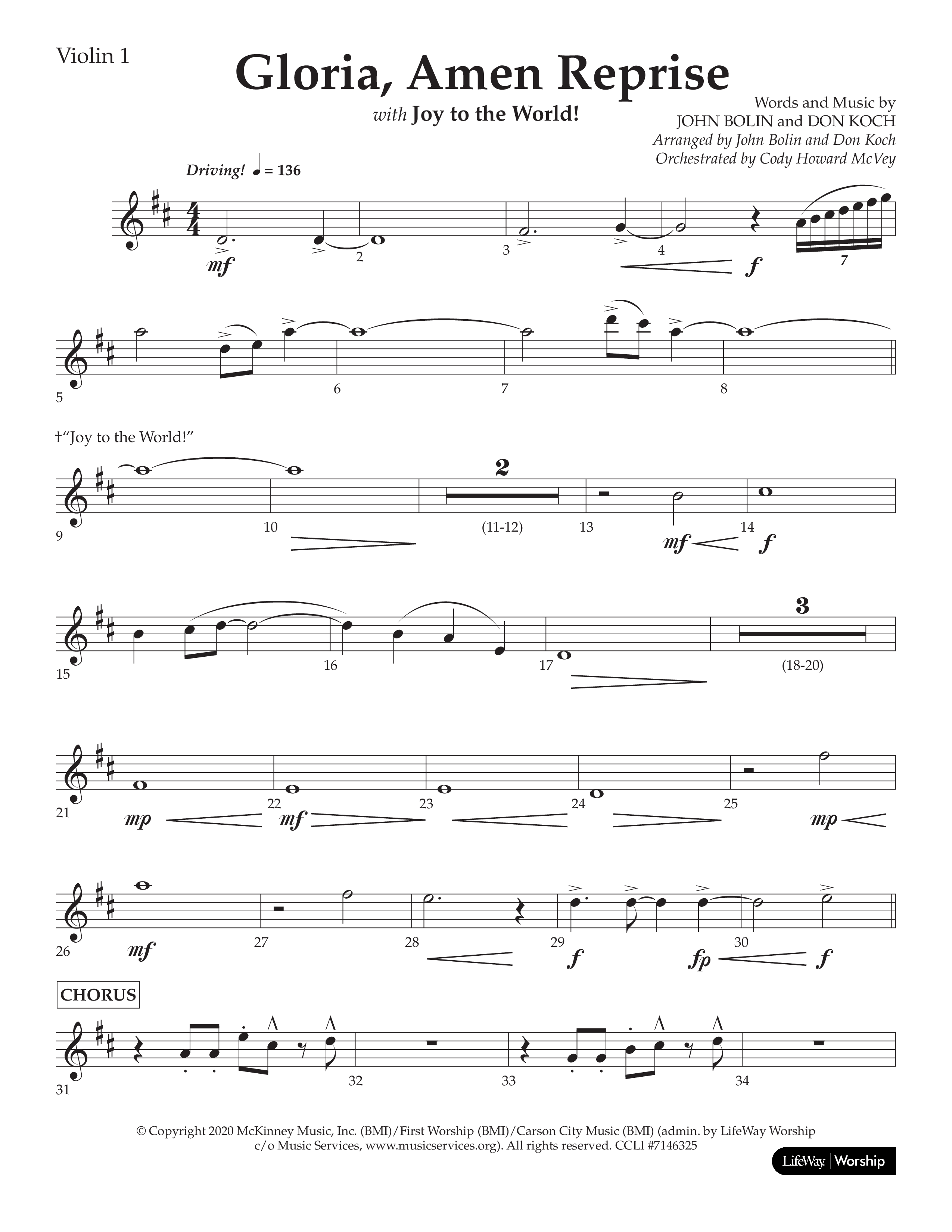Gloria Amen Reprise (Choral Anthem SATB) Violin 1 (Lifeway Choral / Arr. John Bolin / Arr. Don Koch)