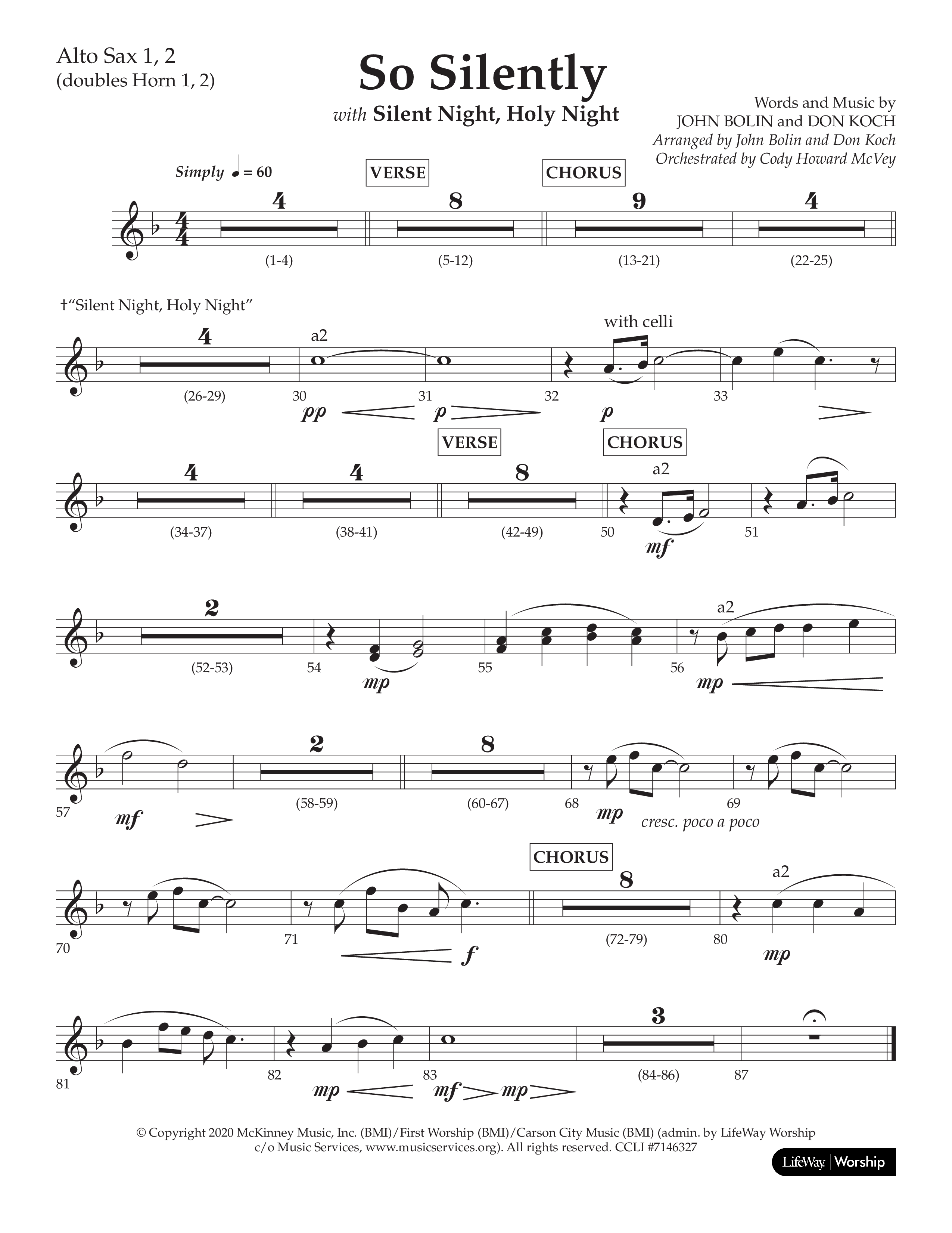 So Silently (with Silent Night Holy Night) (Choral Anthem SATB) Alto Sax 1/2 (Lifeway Choral / Arr. John Bolin / Arr. Don Koch)