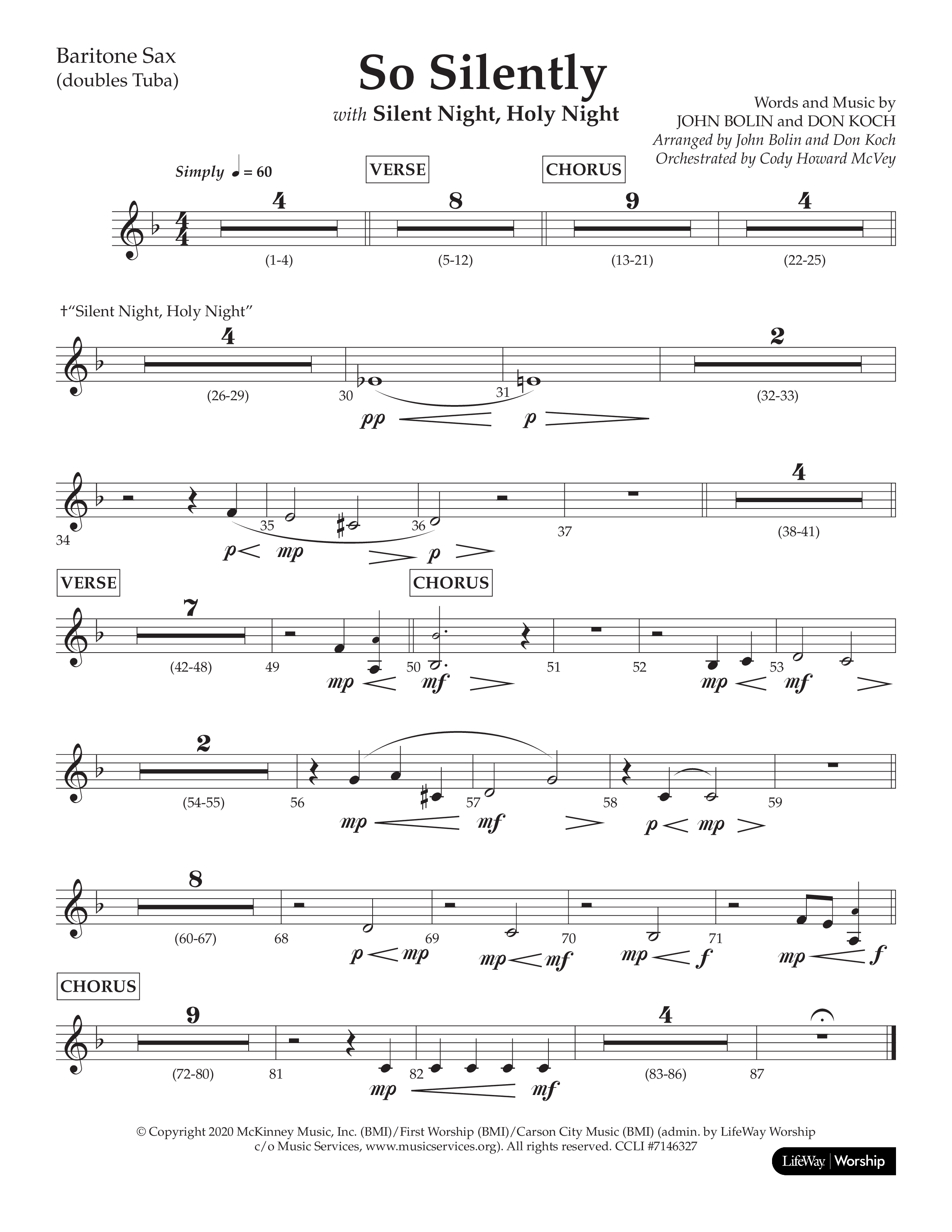 So Silently (with Silent Night Holy Night) (Choral Anthem SATB) Bari Sax (Lifeway Choral / Arr. John Bolin / Arr. Don Koch)