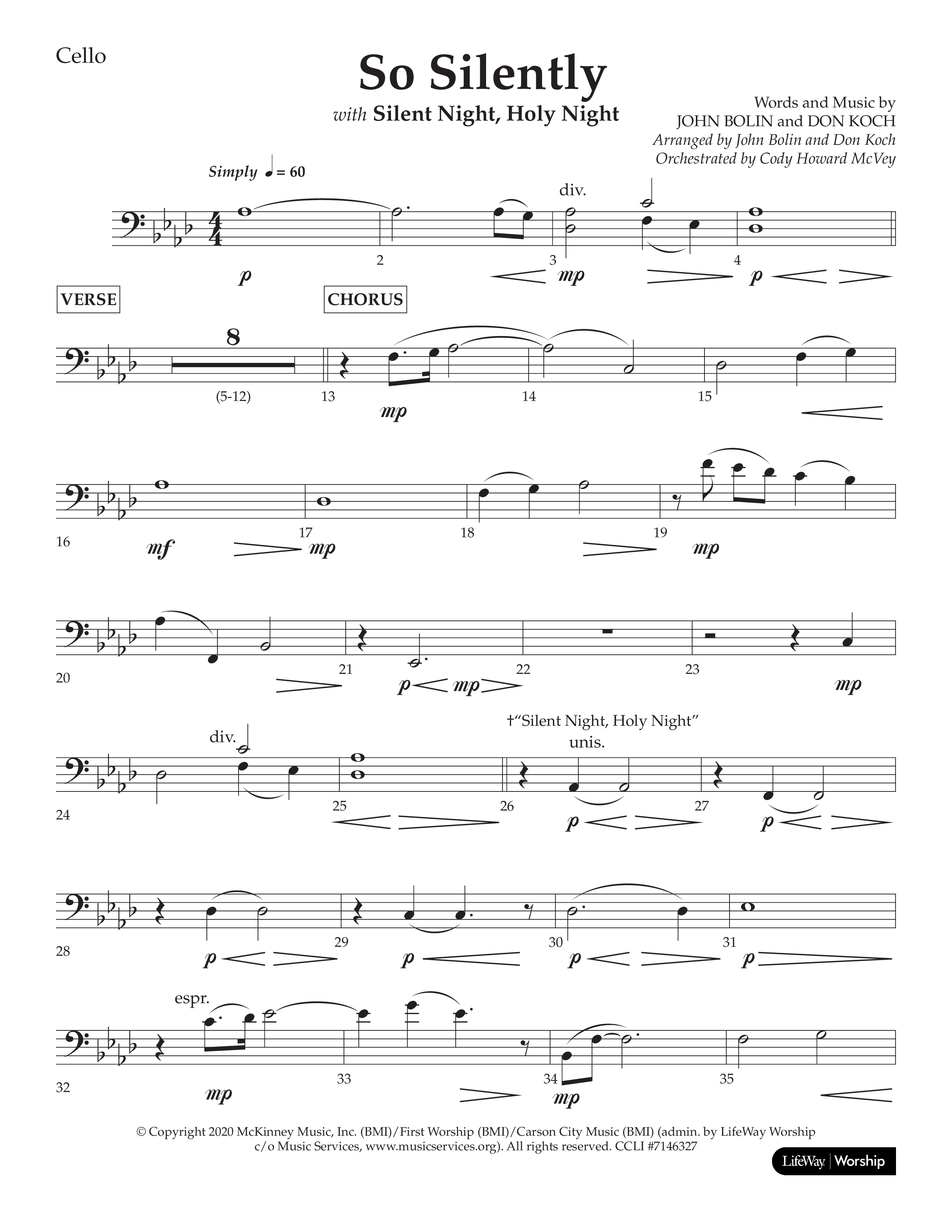 So Silently (with Silent Night Holy Night) (Choral Anthem SATB) Cello (Lifeway Choral / Arr. John Bolin / Arr. Don Koch)