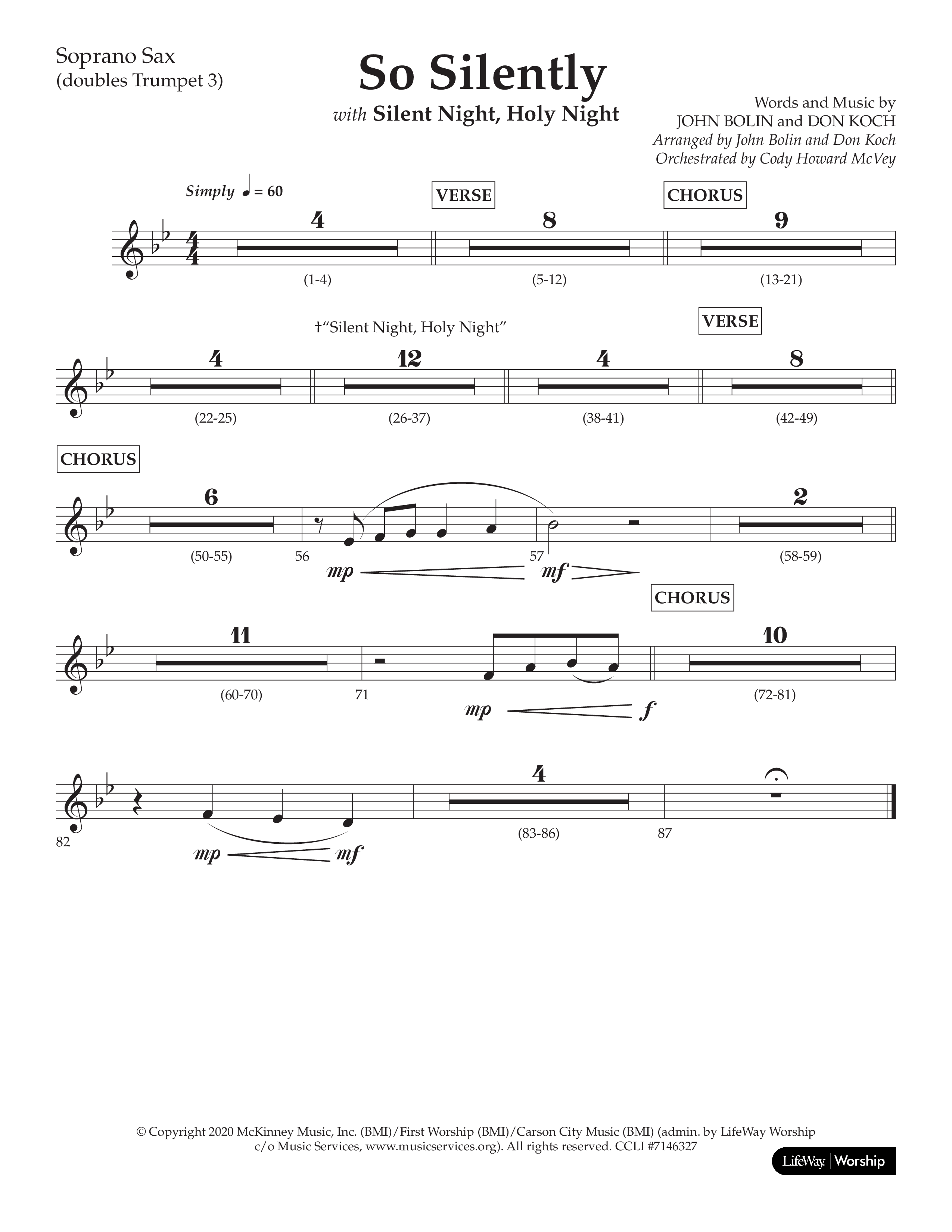 So Silently (with Silent Night Holy Night) (Choral Anthem SATB) Soprano Sax (Lifeway Choral / Arr. John Bolin / Arr. Don Koch)
