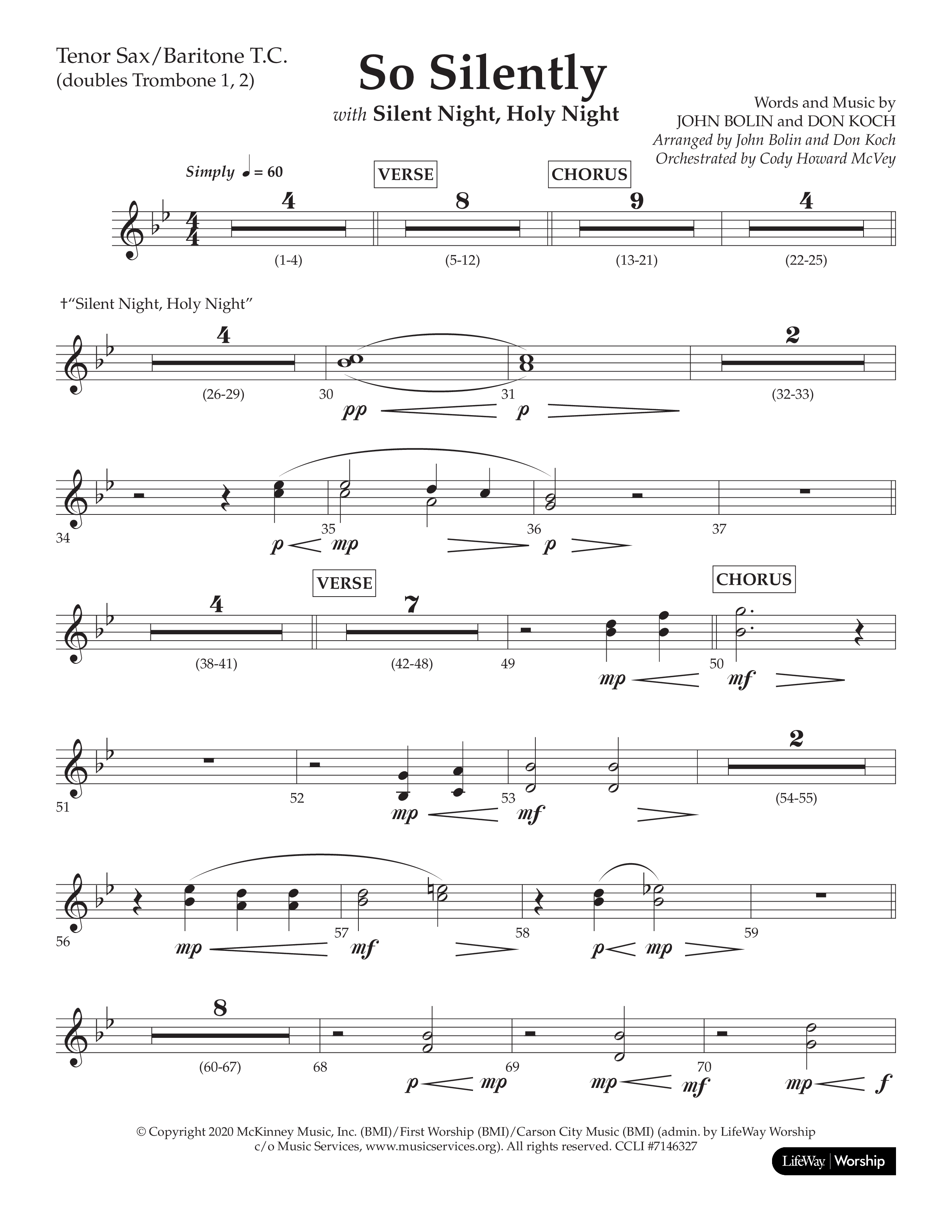 So Silently (with Silent Night Holy Night) (Choral Anthem SATB) Tenor Sax/Baritone T.C. (Lifeway Choral / Arr. John Bolin / Arr. Don Koch)