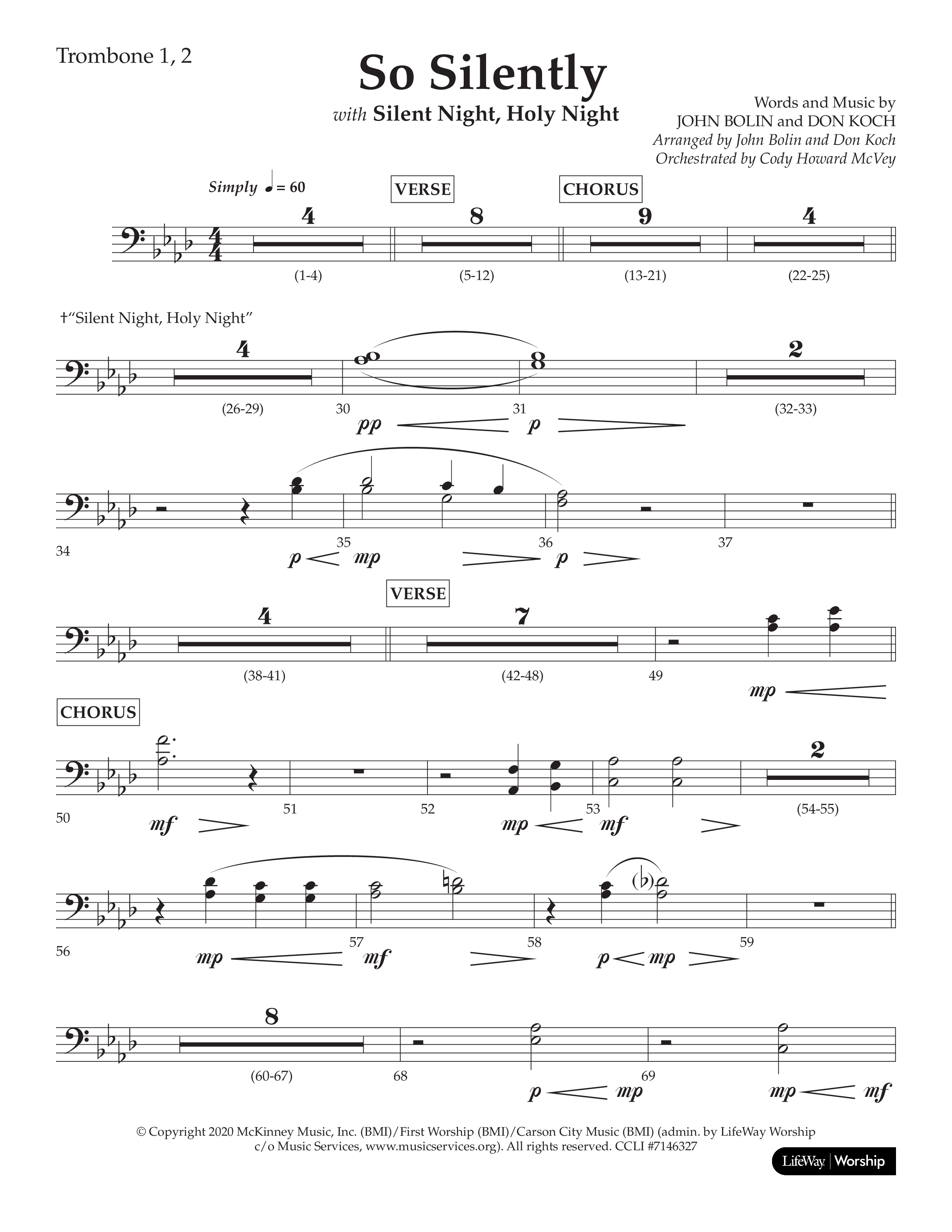 So Silently (with Silent Night Holy Night) (Choral Anthem SATB) Trombone 1/2 (Lifeway Choral / Arr. John Bolin / Arr. Don Koch)