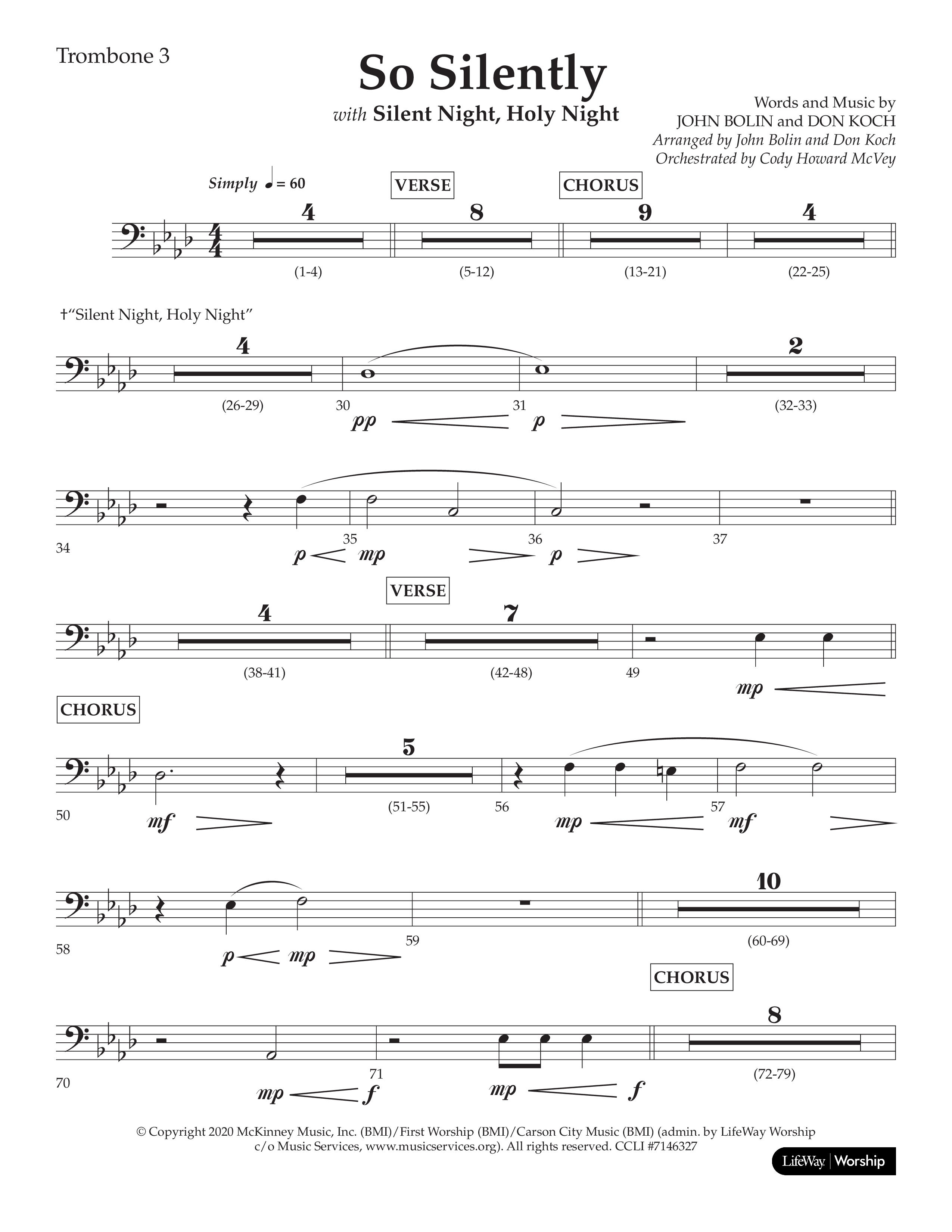 So Silently (with Silent Night Holy Night) (Choral Anthem SATB) Trombone 3 (Lifeway Choral / Arr. John Bolin / Arr. Don Koch)