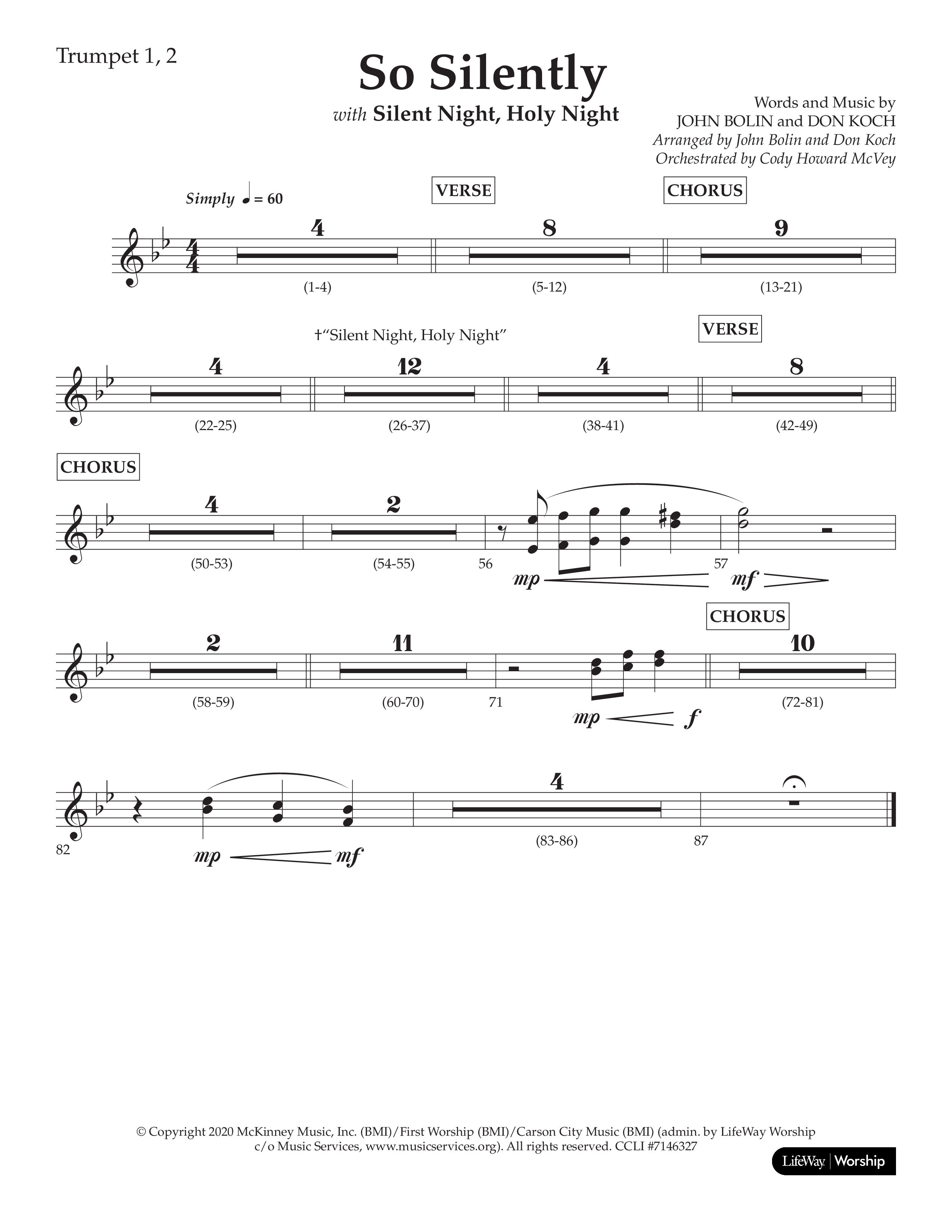 So Silently (with Silent Night Holy Night) (Choral Anthem SATB) Trumpet 1,2 (Lifeway Choral / Arr. John Bolin / Arr. Don Koch)