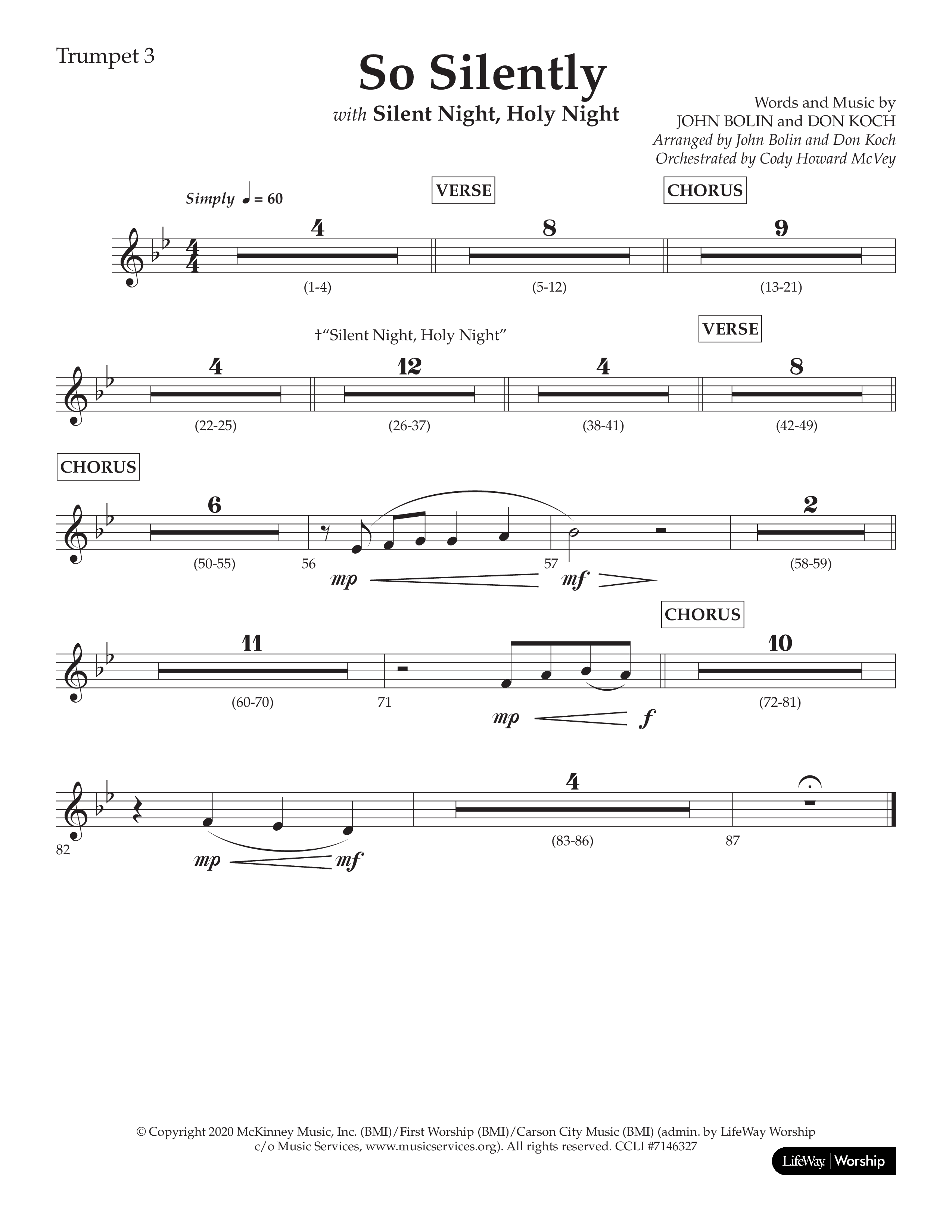 So Silently (with Silent Night Holy Night) (Choral Anthem SATB) Trumpet 3 (Lifeway Choral / Arr. John Bolin / Arr. Don Koch)