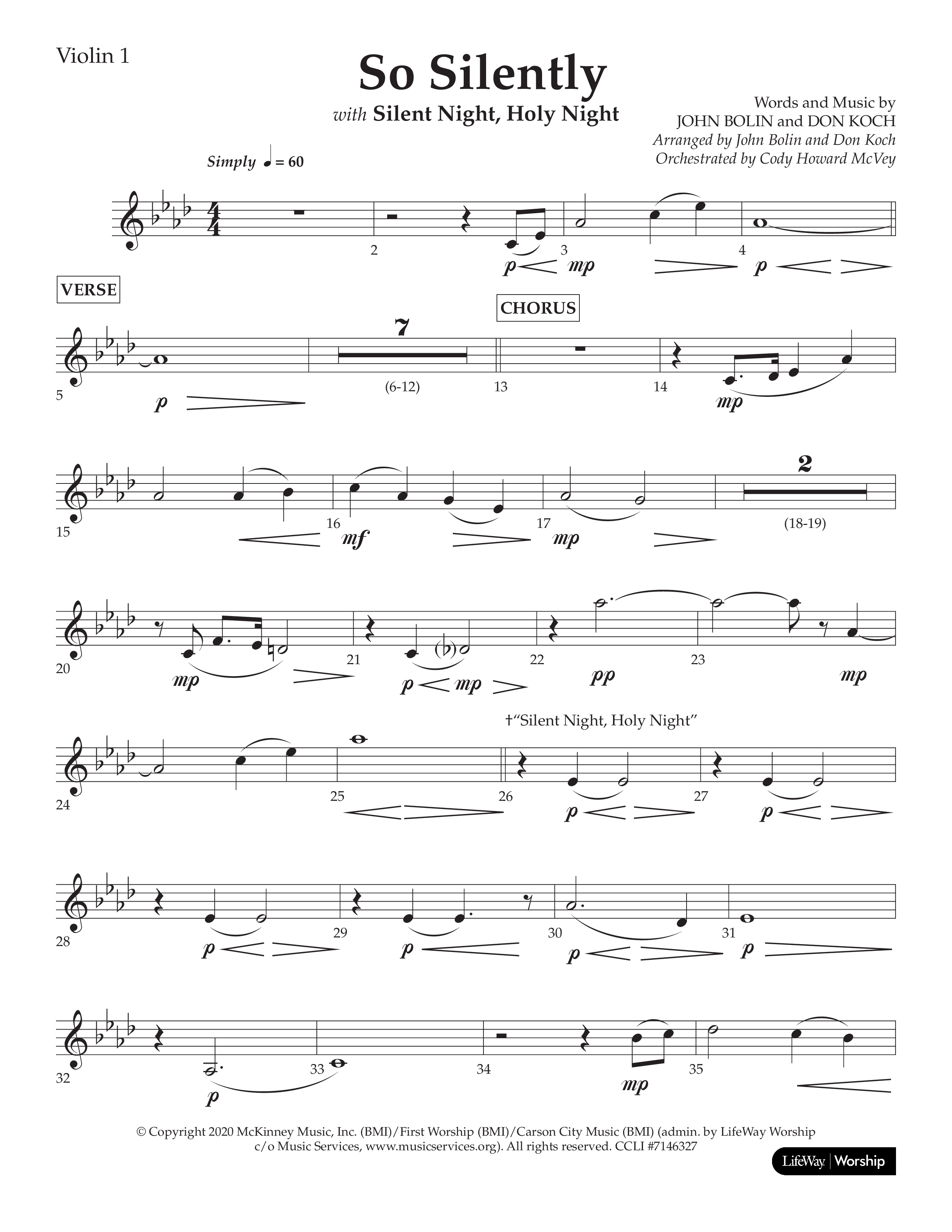 So Silently (with Silent Night Holy Night) (Choral Anthem SATB) Violin 1 (Lifeway Choral / Arr. John Bolin / Arr. Don Koch)