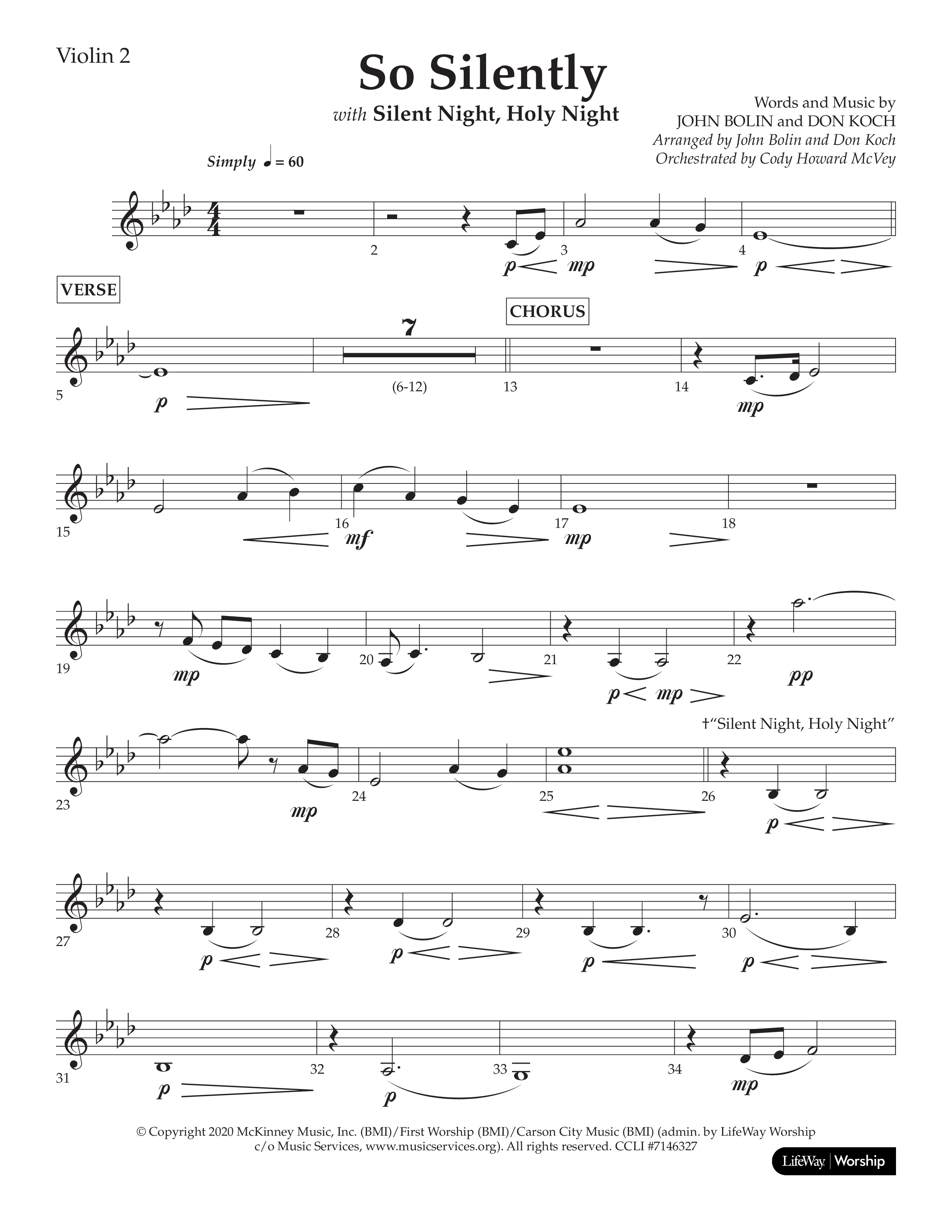 So Silently (with Silent Night Holy Night) (Choral Anthem SATB) Violin 2 (Lifeway Choral / Arr. John Bolin / Arr. Don Koch)