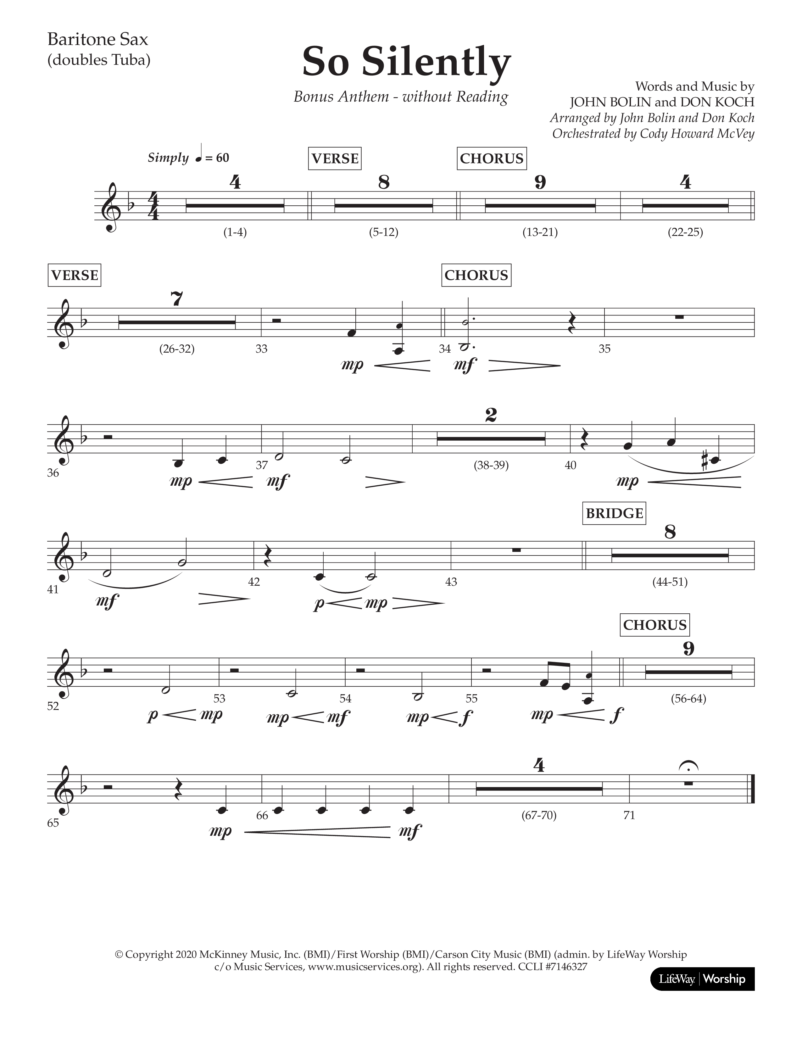 So Silently (Choral Anthem SATB) Bari Sax (Lifeway Choral / Arr. John Bolin / Arr. Don Koch)