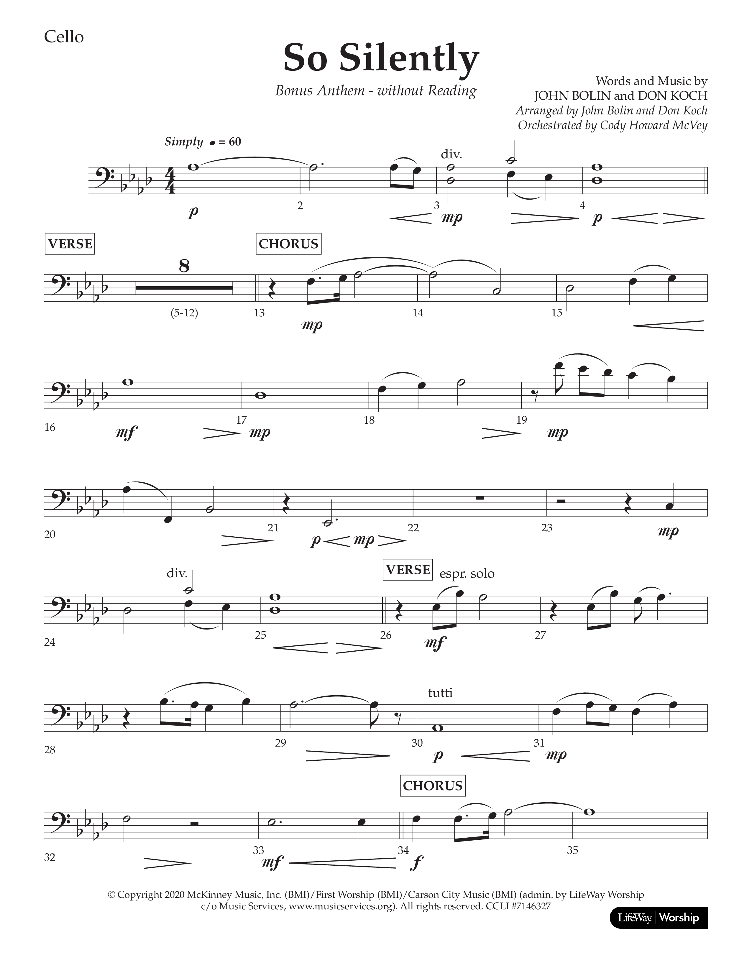 So Silently (Choral Anthem SATB) Cello (Lifeway Choral / Arr. John Bolin / Arr. Don Koch)