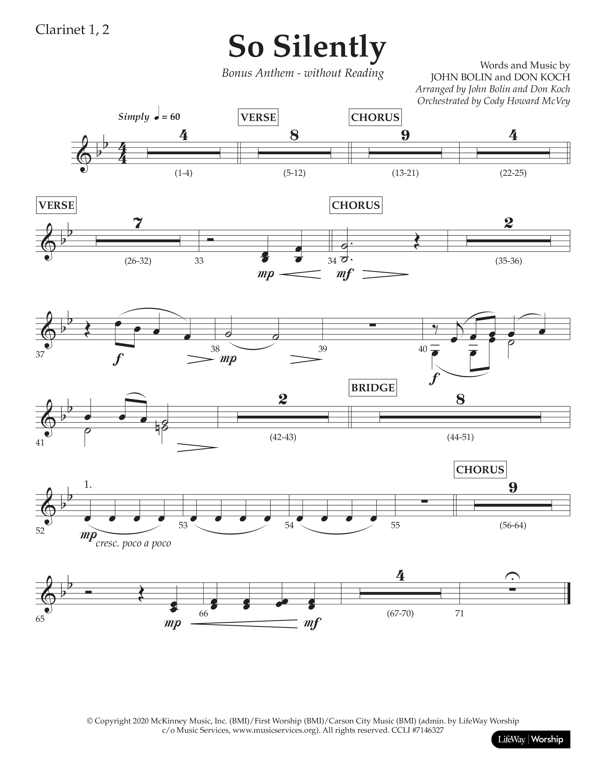 So Silently (Choral Anthem SATB) Clarinet 1/2 (Lifeway Choral / Arr. John Bolin / Arr. Don Koch)