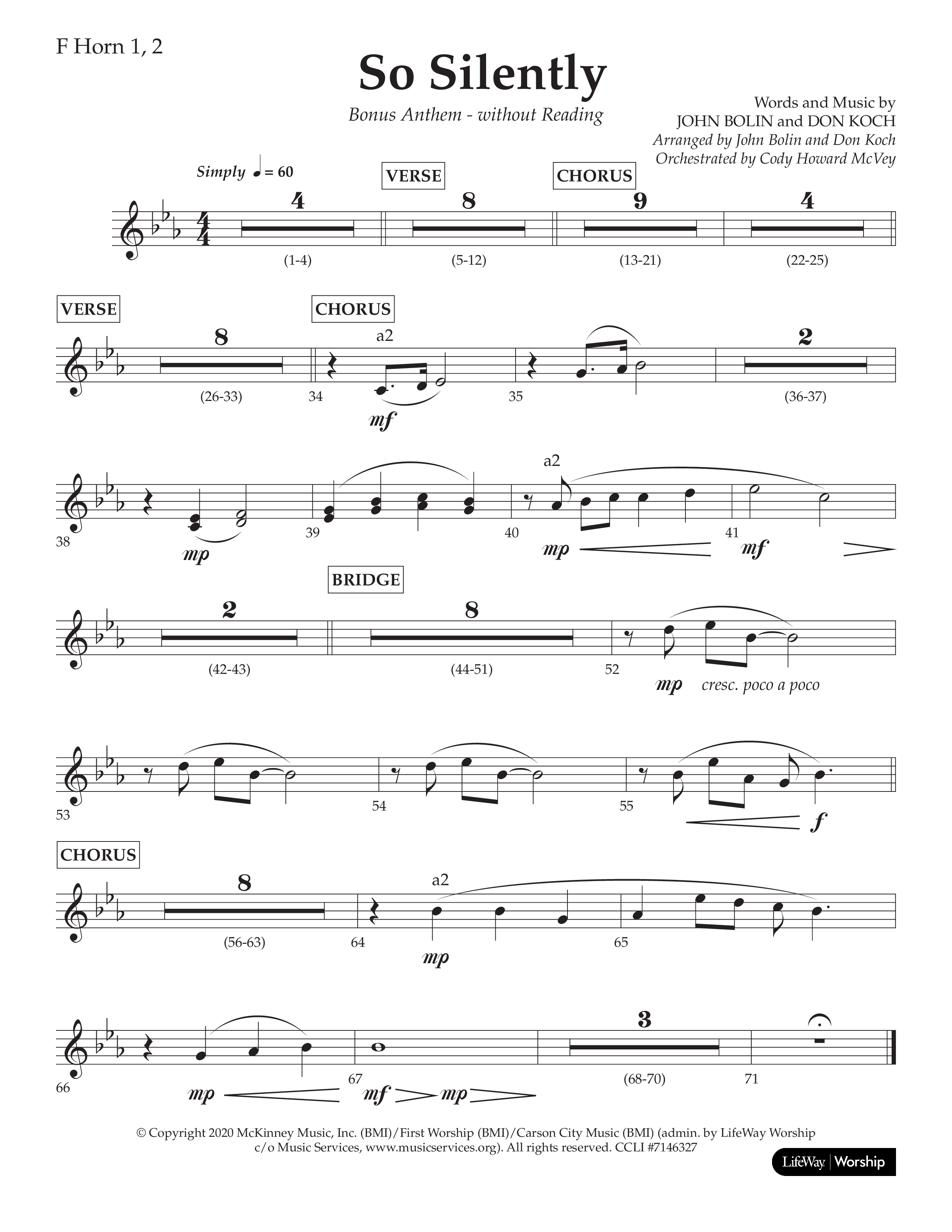 So Silently (Choral Anthem SATB) French Horn 1/2 (Lifeway Choral / Arr. John Bolin / Arr. Don Koch)