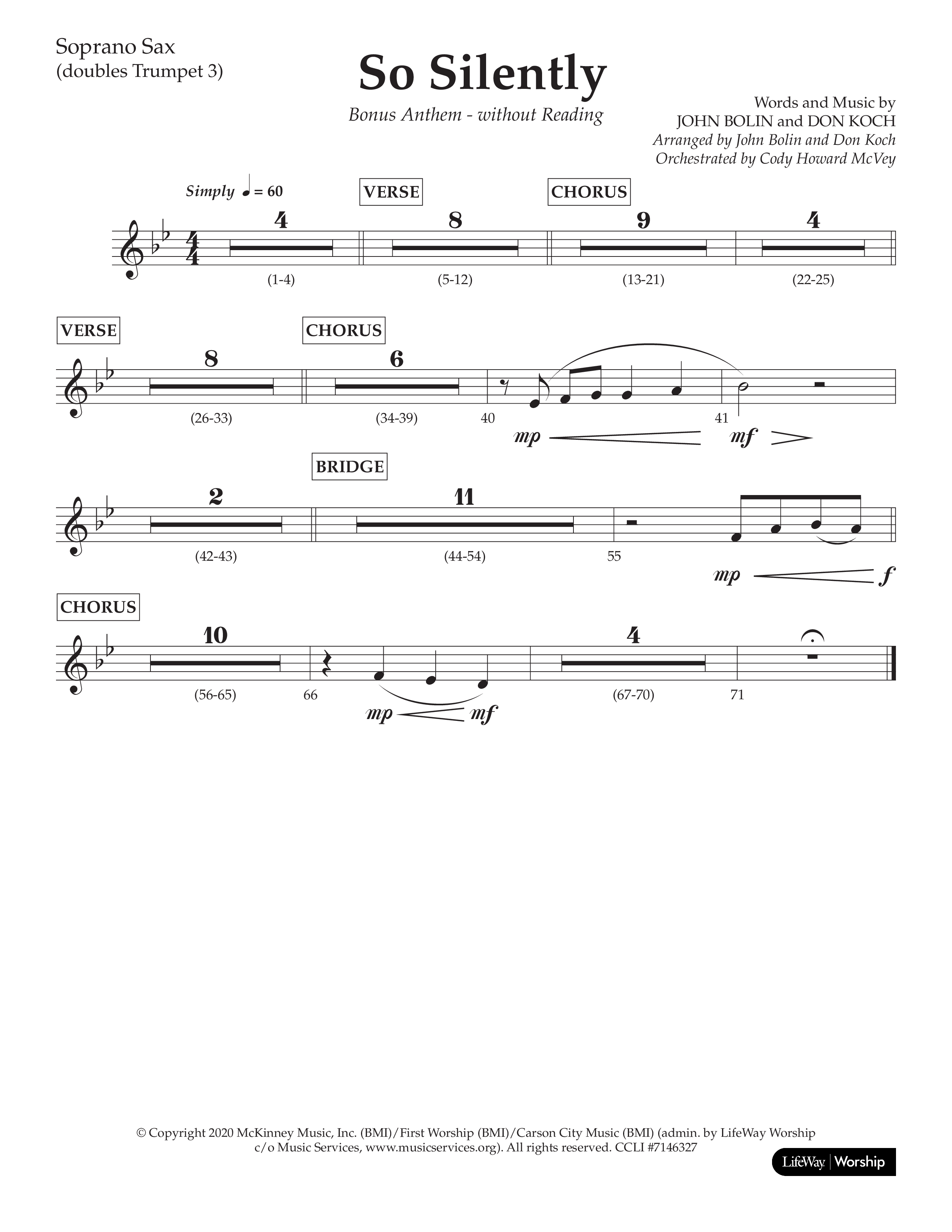 So Silently (Choral Anthem SATB) Soprano Sax (Lifeway Choral / Arr. John Bolin / Arr. Don Koch)