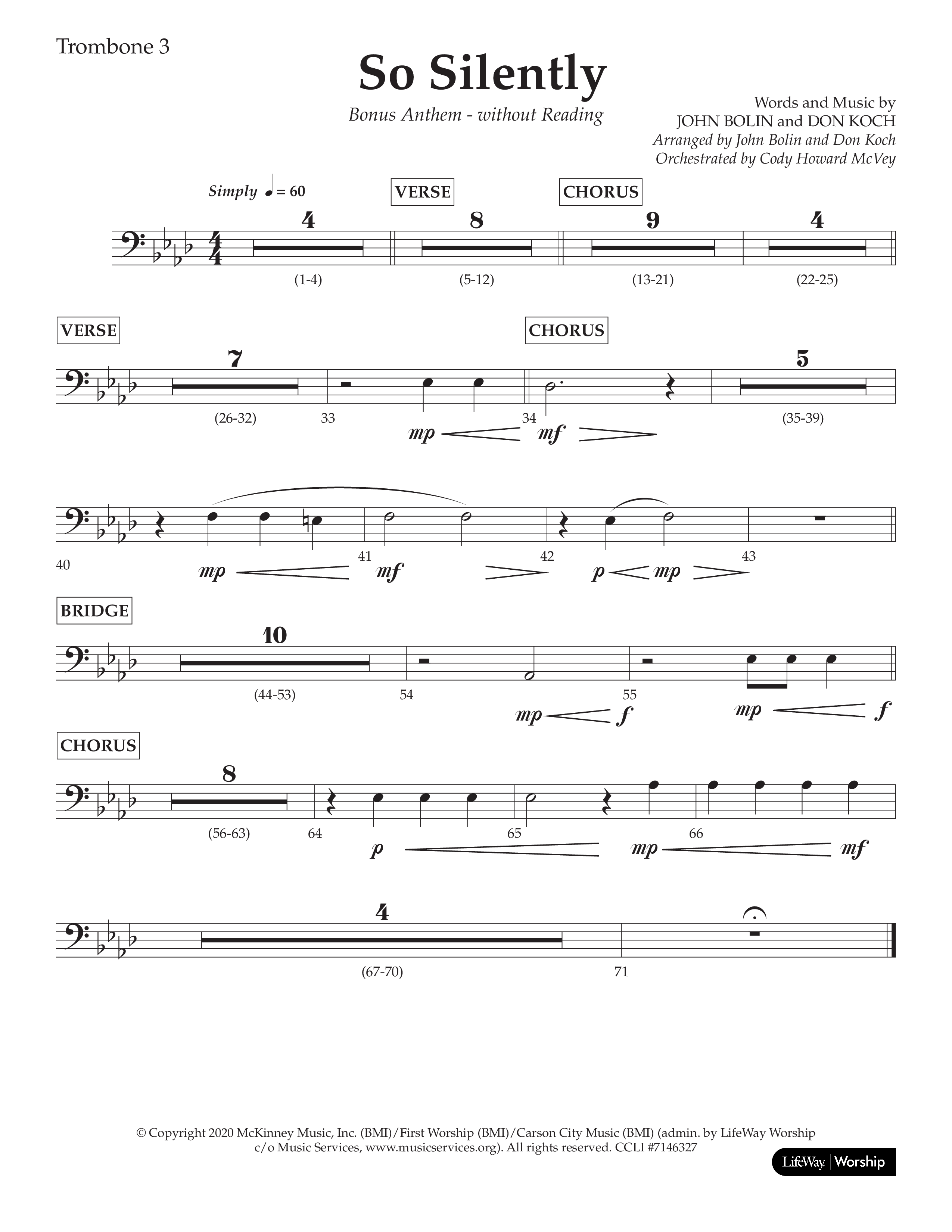 So Silently (Choral Anthem SATB) Trombone 3 (Lifeway Choral / Arr. John Bolin / Arr. Don Koch)