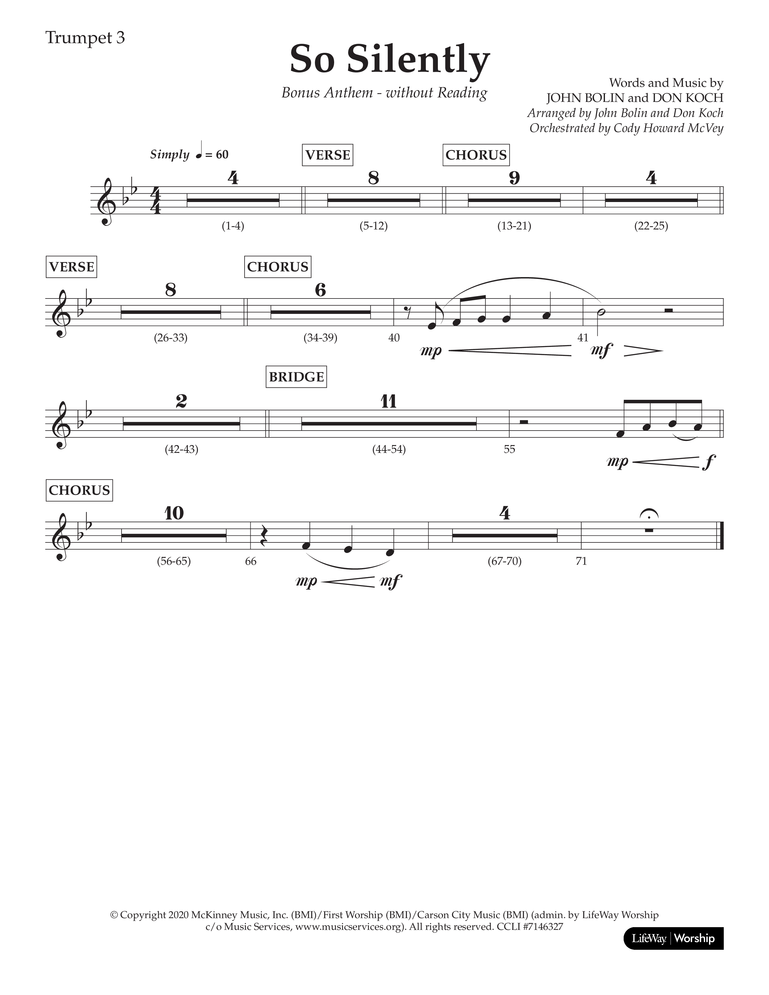 So Silently (Choral Anthem SATB) Trumpet 3 (Lifeway Choral / Arr. John Bolin / Arr. Don Koch)