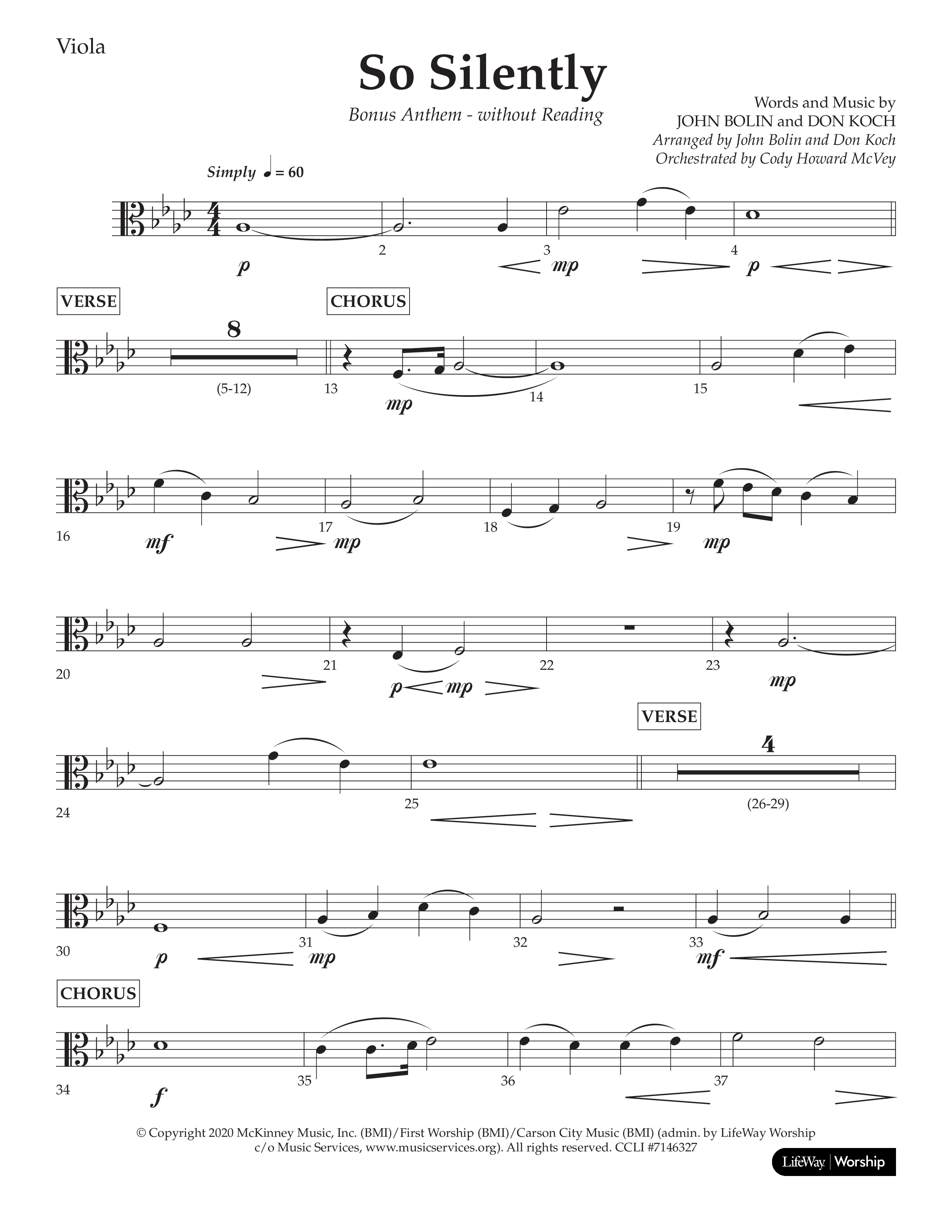 So Silently (Choral Anthem SATB) Viola (Lifeway Choral / Arr. John Bolin / Arr. Don Koch)
