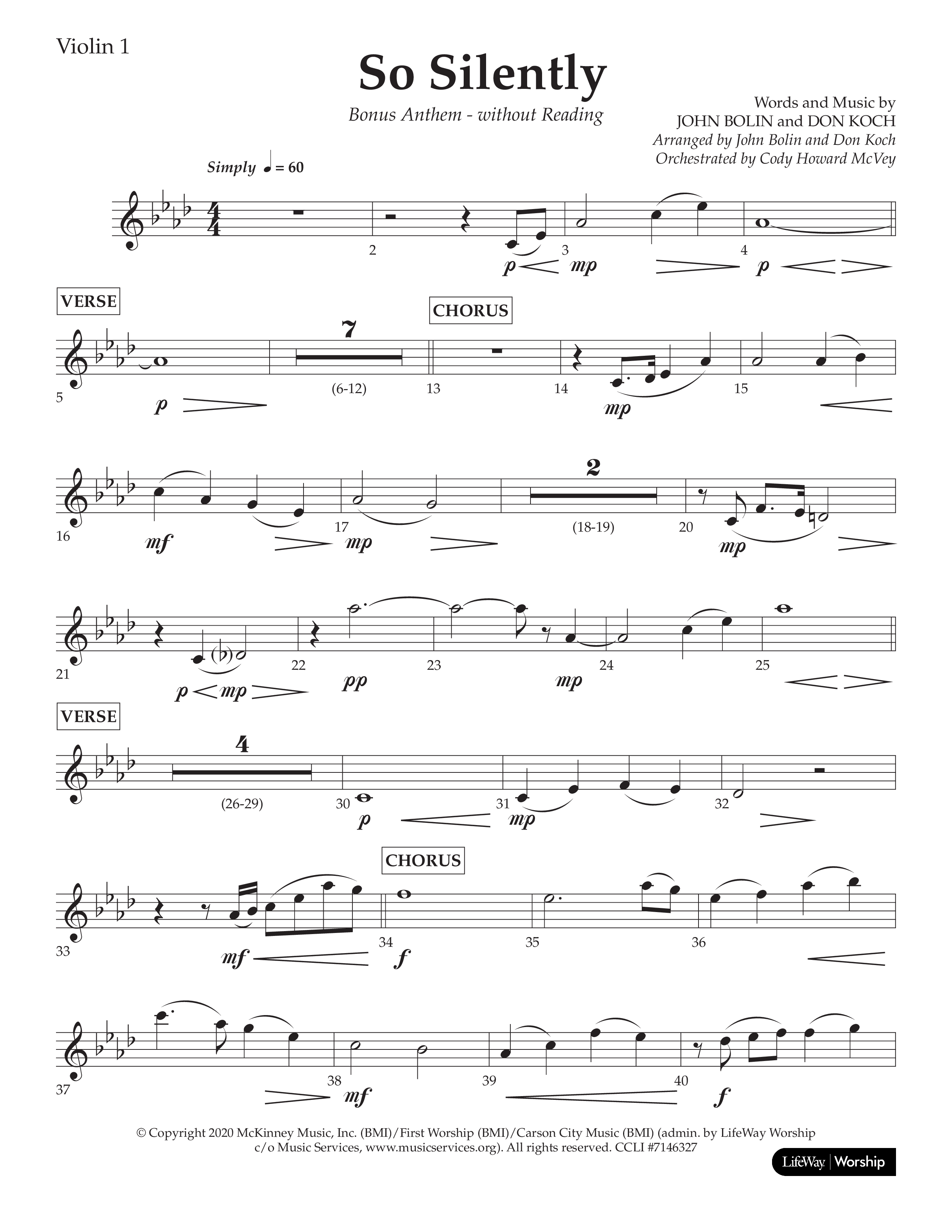 So Silently (Choral Anthem SATB) Violin 1 (Lifeway Choral / Arr. John Bolin / Arr. Don Koch)