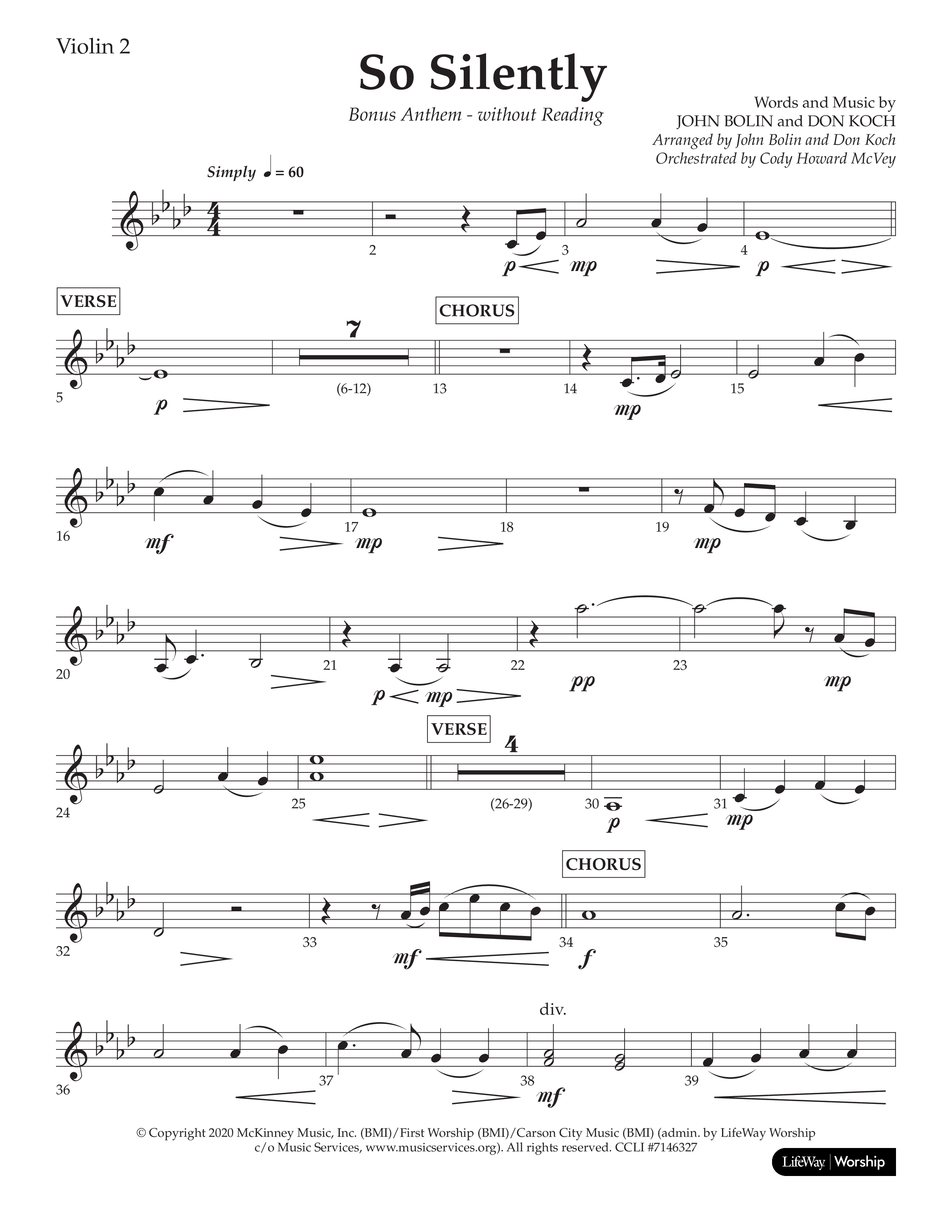 So Silently (Choral Anthem SATB) Violin 2 (Lifeway Choral / Arr. John Bolin / Arr. Don Koch)