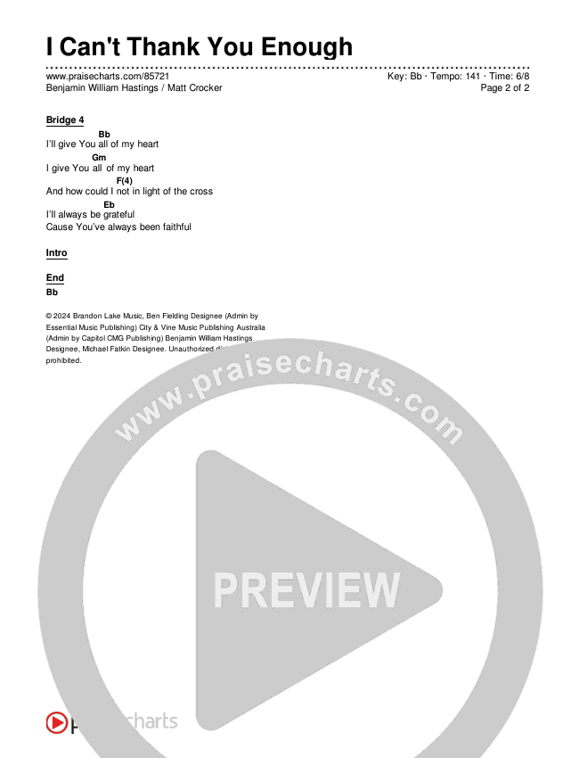 I Can't Thank You Enough Chords & Lyrics (Benjamin William Hastings / Matt Crocker)