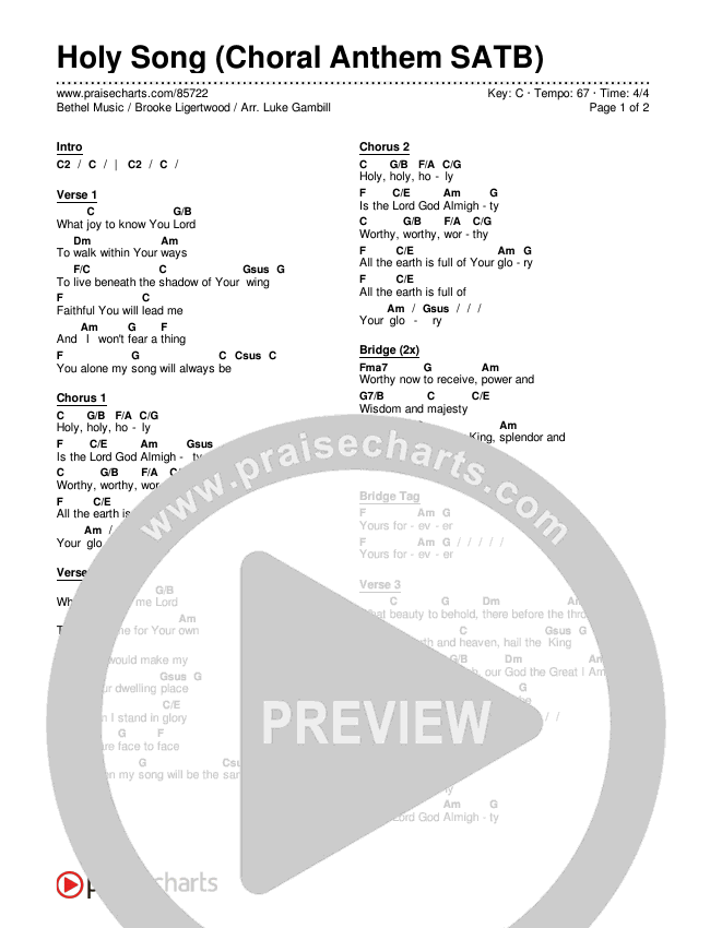 Holy Song (Choral Anthem SATB) Chords & Lyrics (Bethel Music / Brooke Ligertwood / Arr. Luke Gambill)