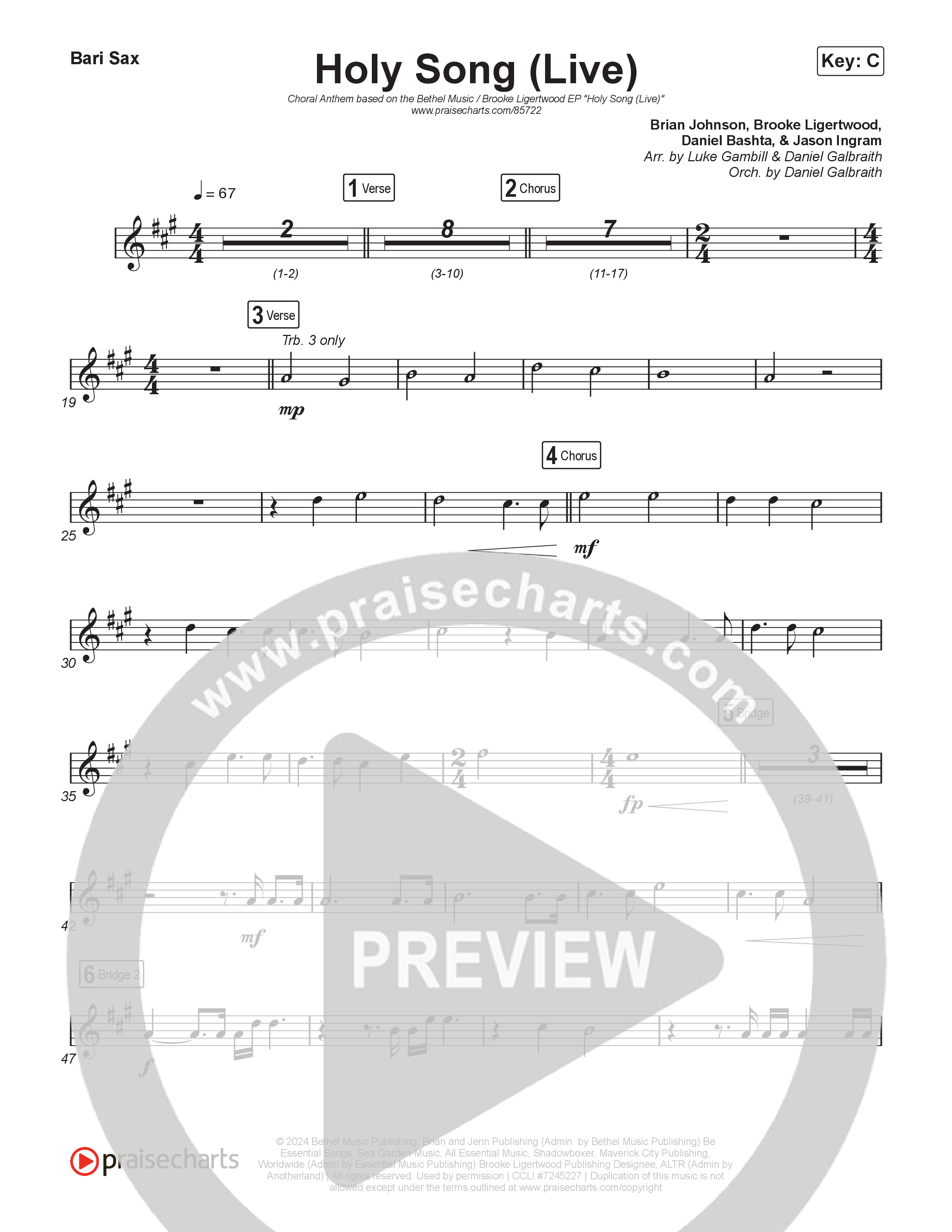 Holy Song (Choral Anthem SATB) Bari Sax (Bethel Music / Brooke Ligertwood / Arr. Luke Gambill)