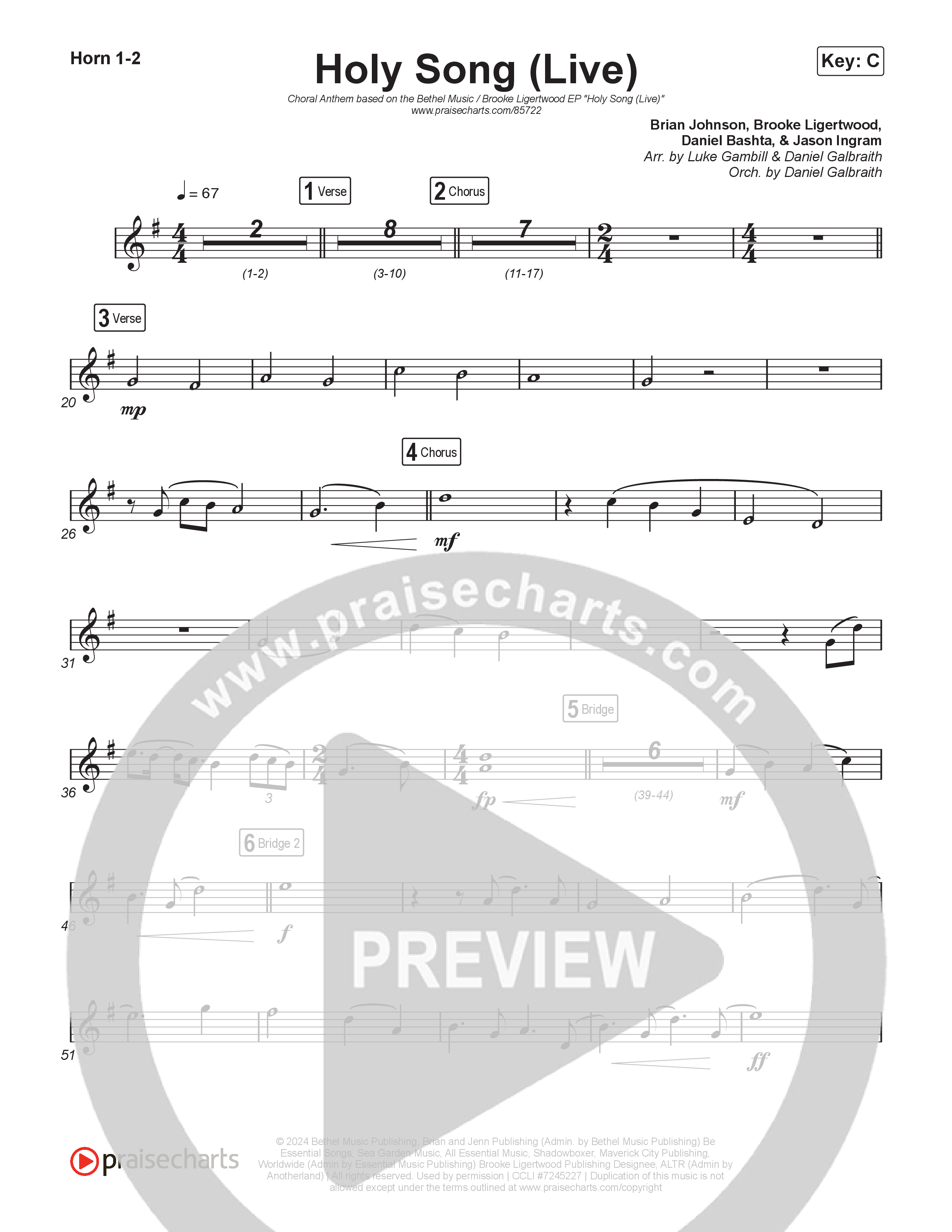 Holy Song (Choral Anthem SATB) French Horn 1,2 (Bethel Music / Brooke Ligertwood / Arr. Luke Gambill)