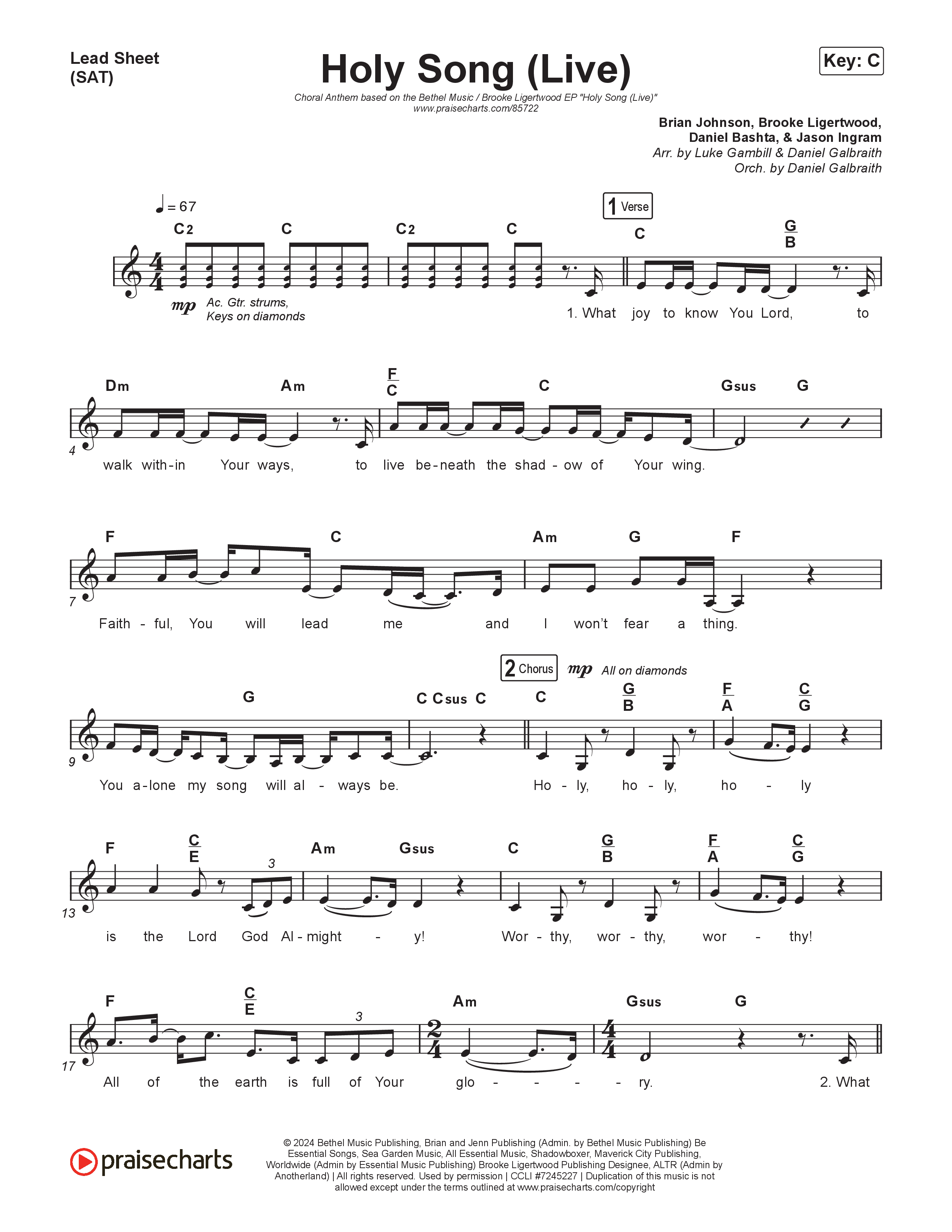 Holy Song (Choral Anthem SATB) Lead Sheet (SAT) (Bethel Music / Brooke Ligertwood / Arr. Luke Gambill)