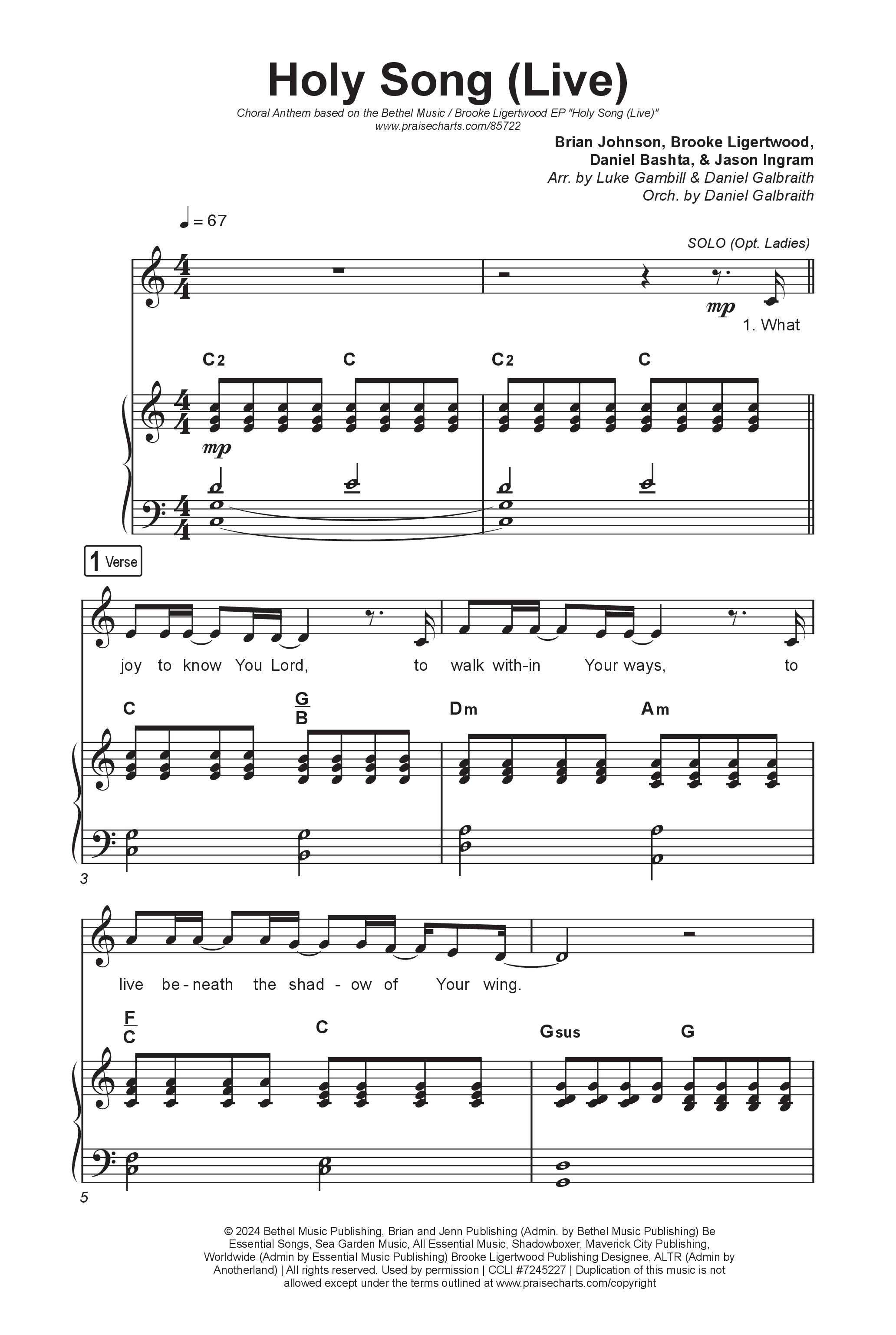 Holy Song (Choral Anthem SATB) Octavo (SATB & Pno) (Bethel Music / Brooke Ligertwood / Arr. Luke Gambill)