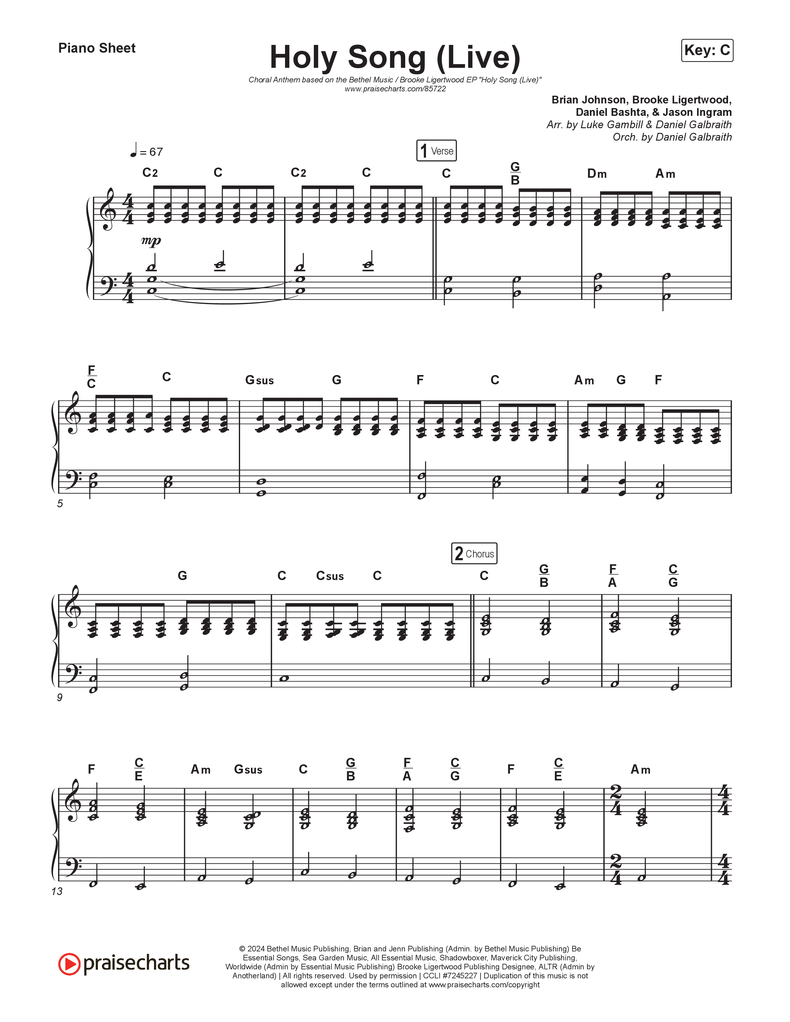 Holy Song (Choral Anthem SATB) Piano Sheet (Bethel Music / Brooke Ligertwood / Arr. Luke Gambill)
