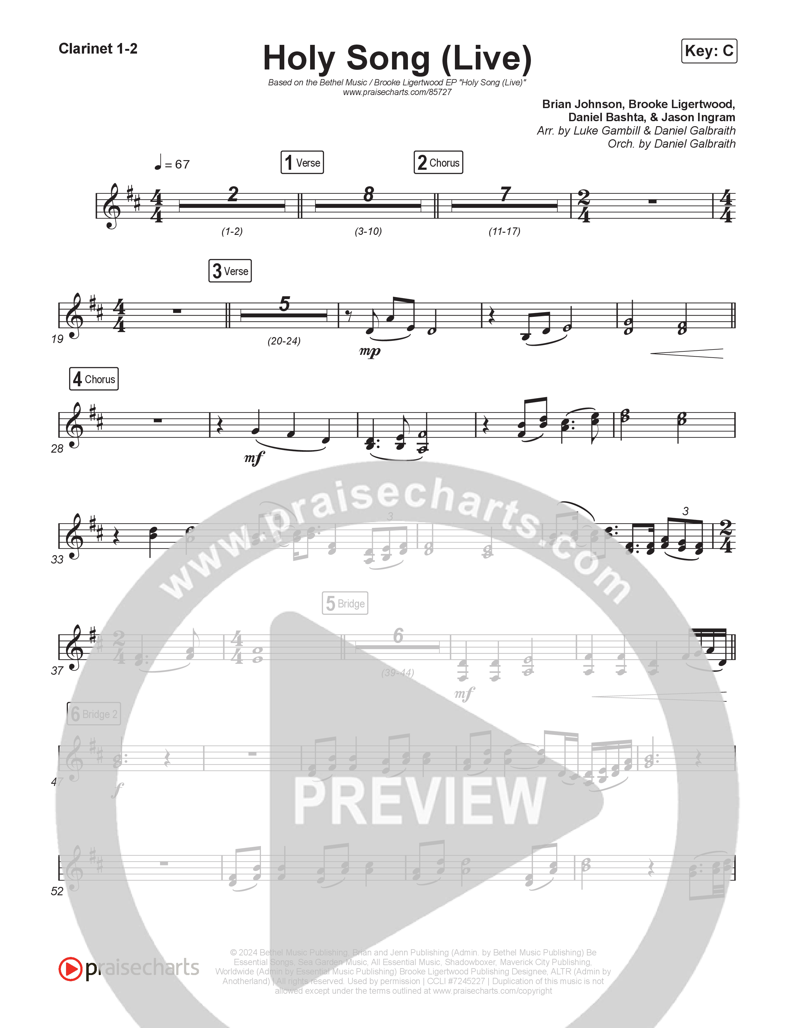 Holy Song (Worship Choir/SAB) Clarinet 1/2 (Bethel Music / Brooke Ligertwood / Arr. Luke Gambill)