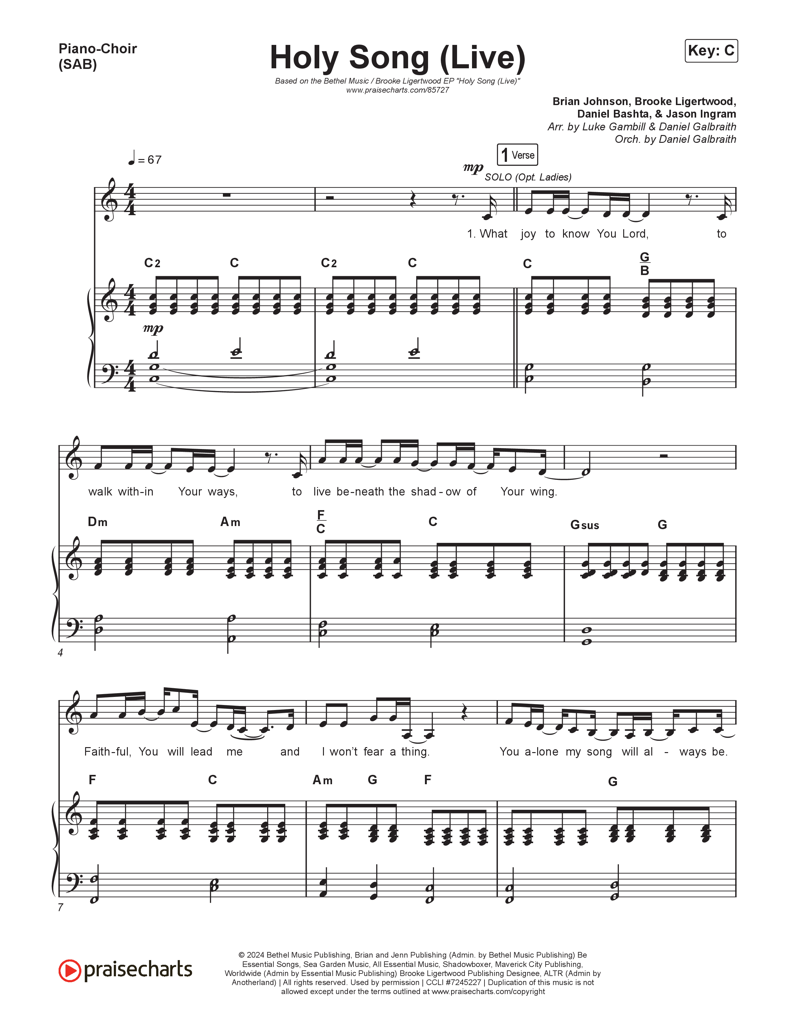 Holy Song (Worship Choir/SAB) Piano/Choir (SAB) (Bethel Music / Brooke Ligertwood / Arr. Luke Gambill)