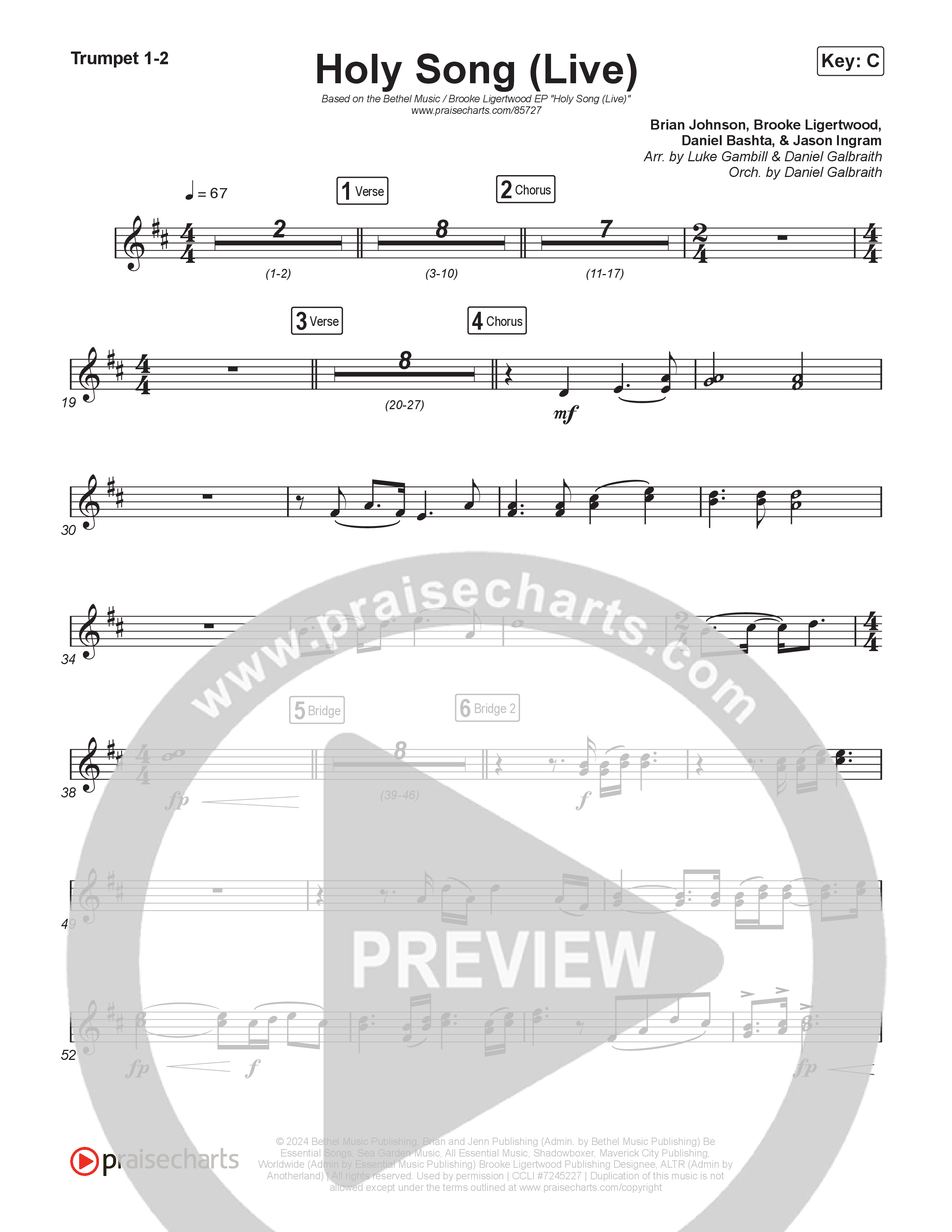 Holy Song (Worship Choir/SAB) Trumpet 1,2 (Bethel Music / Brooke Ligertwood / Arr. Luke Gambill)