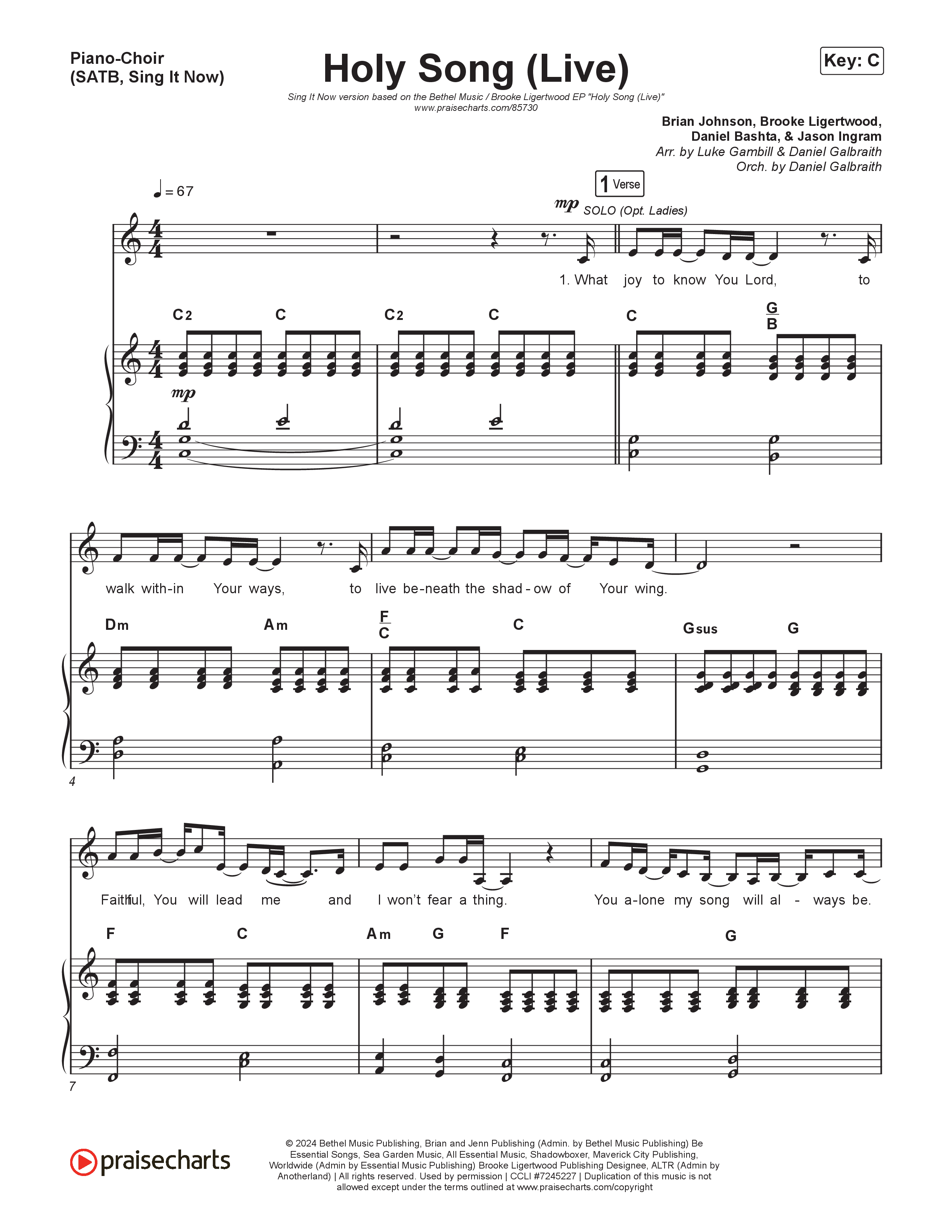 Holy Song (Sing It Now) Piano/Choir (SATB) (Bethel Music / Brooke Ligertwood / Arr. Luke Gambill)