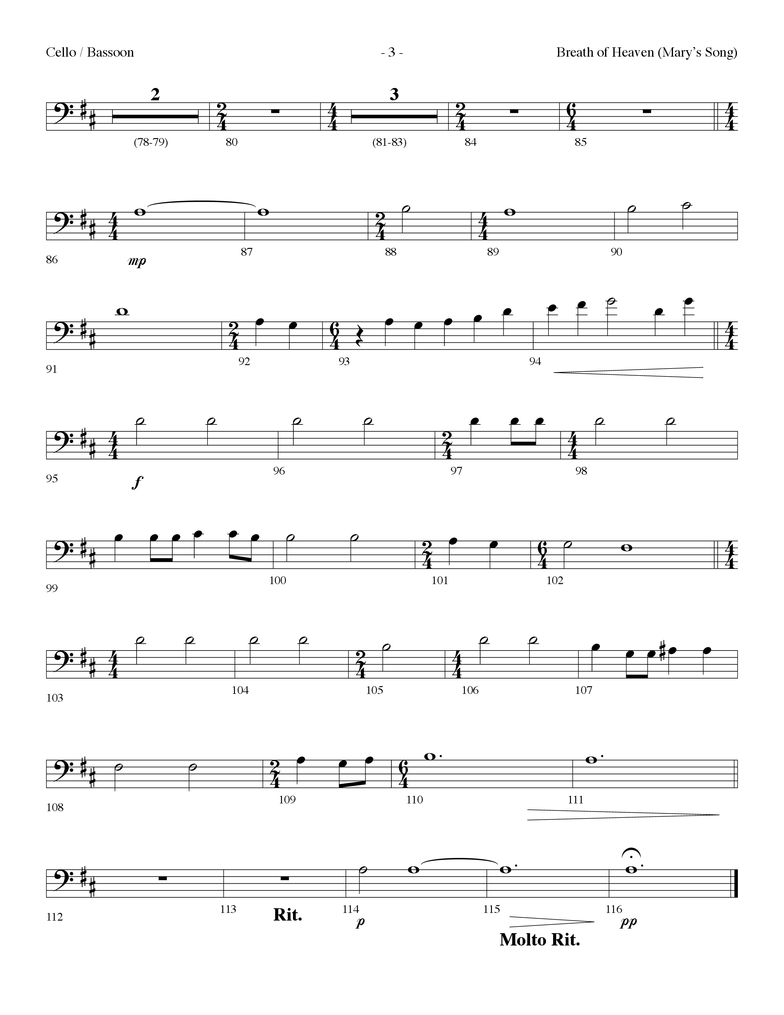 Breath Of Heaven (Mary's Song) (Choral Anthem SATB) Cello (Lifeway Choral / Arr. Dennis Allen)